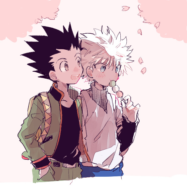smcms-m, gon freecss, killua zoldyck, hunter x hunter, 2boys, black hair, black shirt, blue pants, blush, cherry blossoms, collared jacket, crew neck, cropped legs, dango, falling petals, food, food in mouth, green jacket, green pants, hand in pocket, holding, holding food, jacket, long sleeves, looking to the side, male focus, multiple boys, open clothes, open jacket, open mouth, pants, petals, popped collar, sanshoku dango, shirt, short hair, sideways glance, sleeve cuffs, teeth, tree, turtleneck, upper teeth only, wagashi, white hair, white shirt, widow's peak