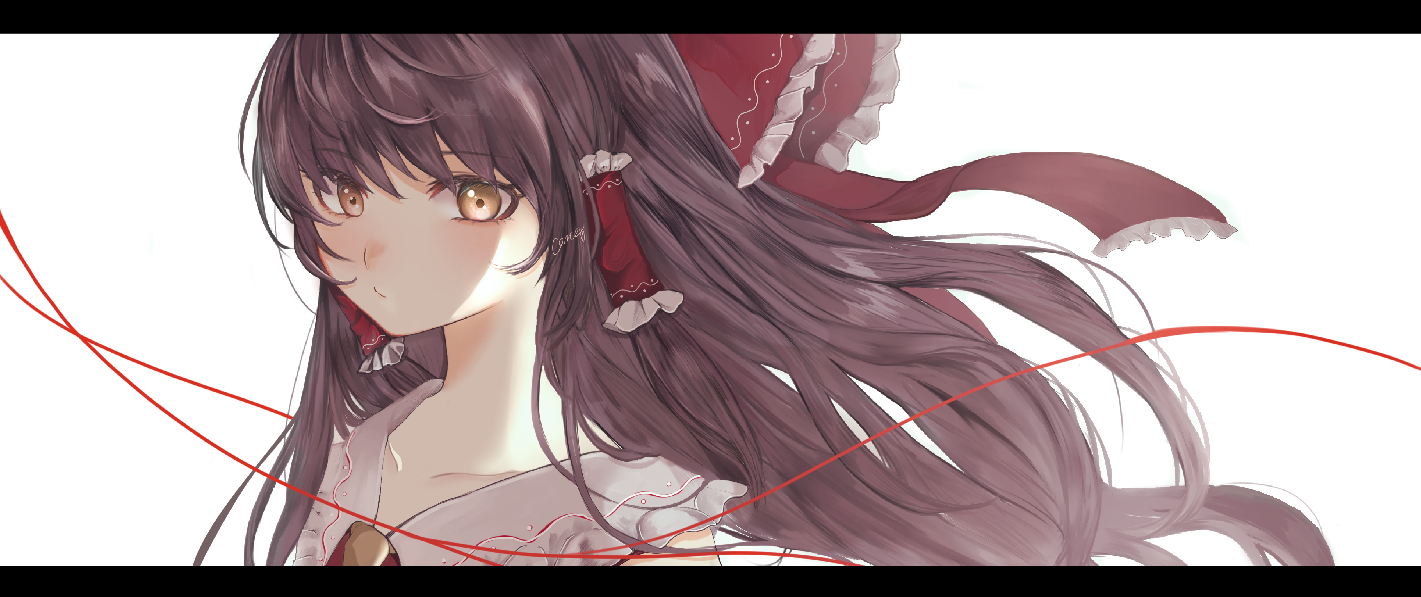kuru (kurukuru koubou), hakurei reimu, touhou, absurdres, highres, 1girl, black border, border, brown eyes, brown hair, cropped torso, hair ribbon, hair tubes, long hair, looking at viewer, red ribbon, ribbon, solo, sunlight, thread, white background