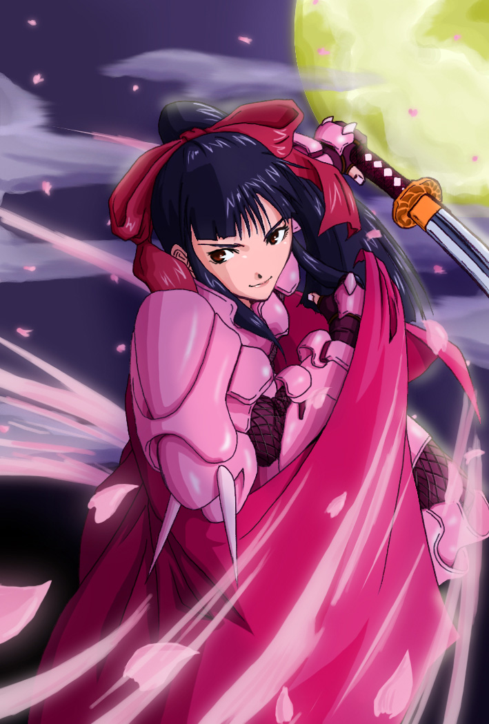 k.sho, shinguuji sakura, sakura taisen, 00s, armor, black hair, bow, brown eyes, cape, hair bow, katana, moon, petals, ponytail, sword, weapon