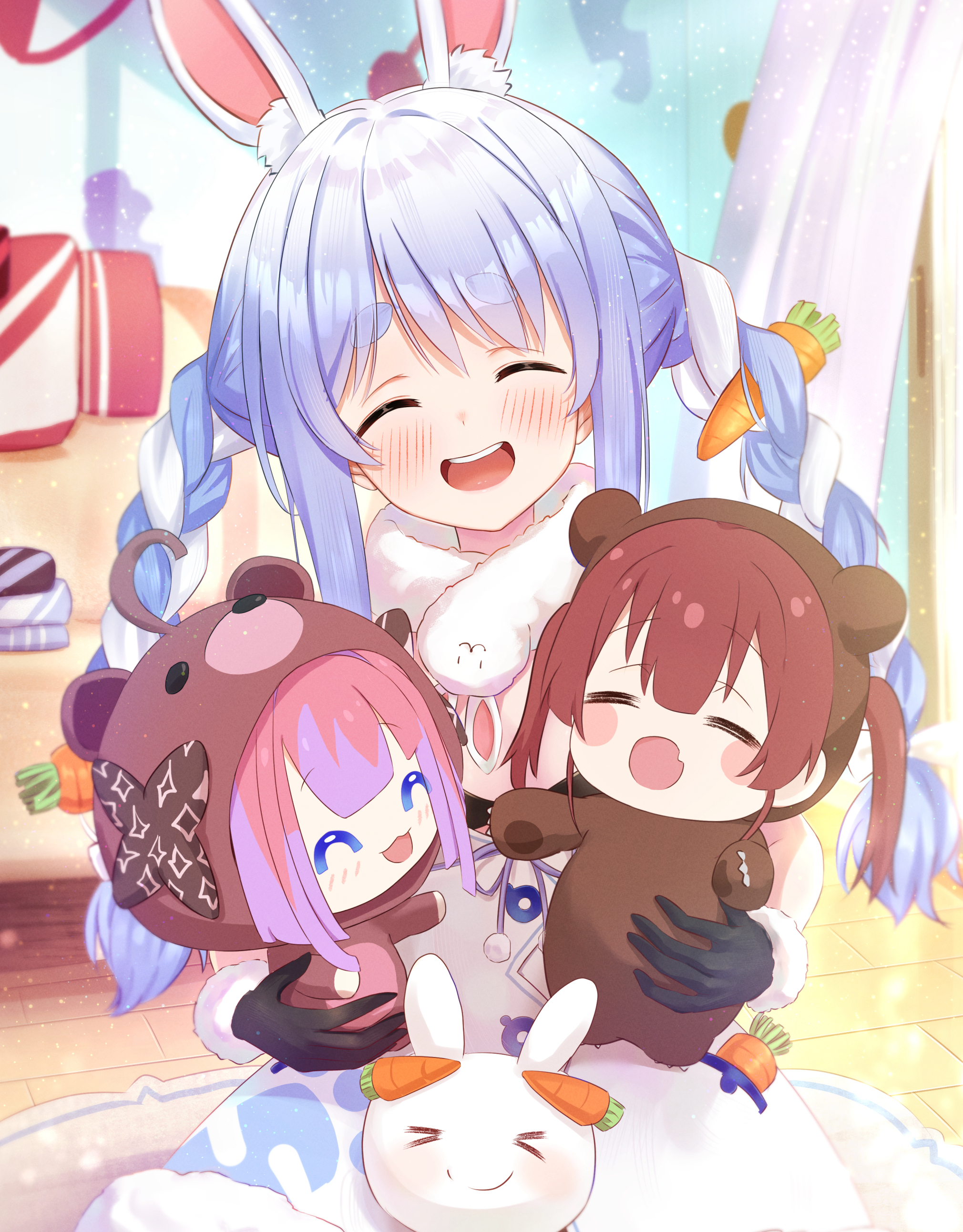takotakochan 1006, don-chan (usada pekora), houshou kumarine, houshou marine, kikirara vivi, pekomon (usada pekora), usada pekora, hololive, absurdres, highres, > <, 3girls, :3, :o, ||/, ahoge, animal costume, animal ear fluff, animal ears, bear costume, black gloves, blue hair, carrot hair ornament, closed eyes, closed mouth, couch, cowboy shot, curtains, dress, fang, food-themed hair ornament, gloves, hair ornament, head tilt, holding, indoors, light particles, long bangs, long hair, low twintails, multicolored hair, multiple girls, open mouth, pink hair, rabbit ears, rabbit girl, red hair, skin fang, smile, teeth, thick eyebrows, twintails, two-tone hair, upper teeth only, virtual youtuber, white dress, white hair, wooden floor