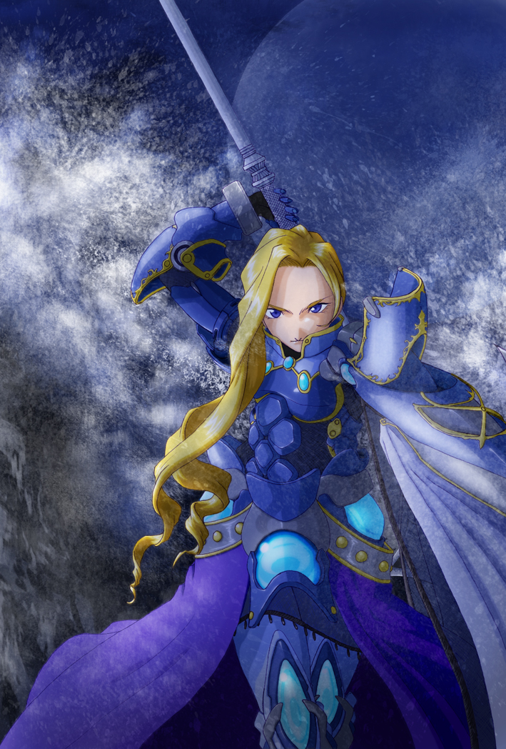 k.sho, glycine bleumer, sakura taisen, sakura taisen iii, 00s, armor, axe, blonde hair, blue eyes, cape, long hair, polearm, weapon