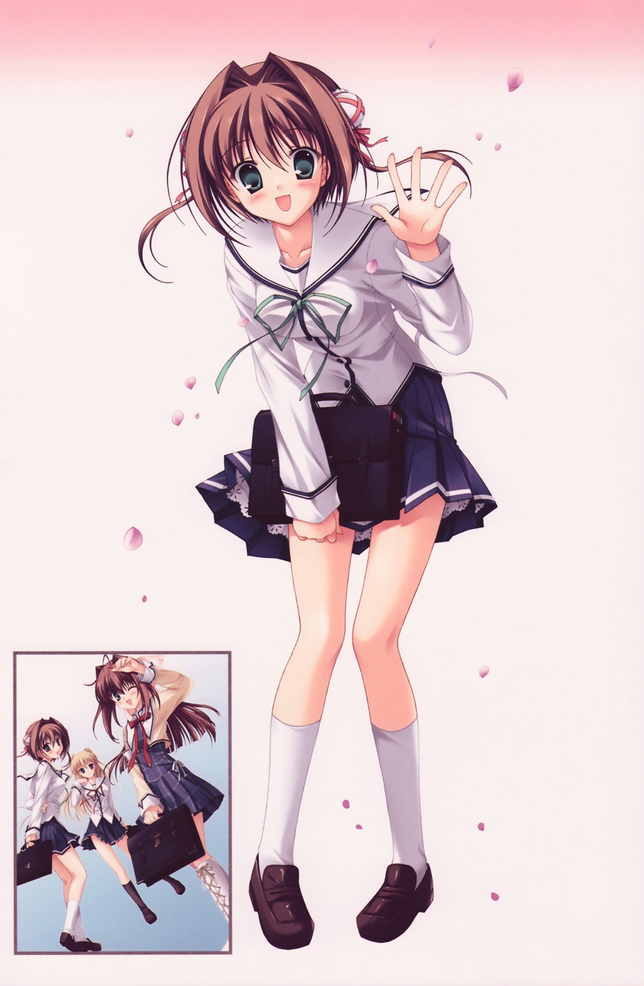 tanihara natsuki, asakura otome, asakura yume, erika murasaki, da capo, da capo ii, highres, 00s, 3girls, bag, multiple girls, petals, school uniform, serafuku, waving