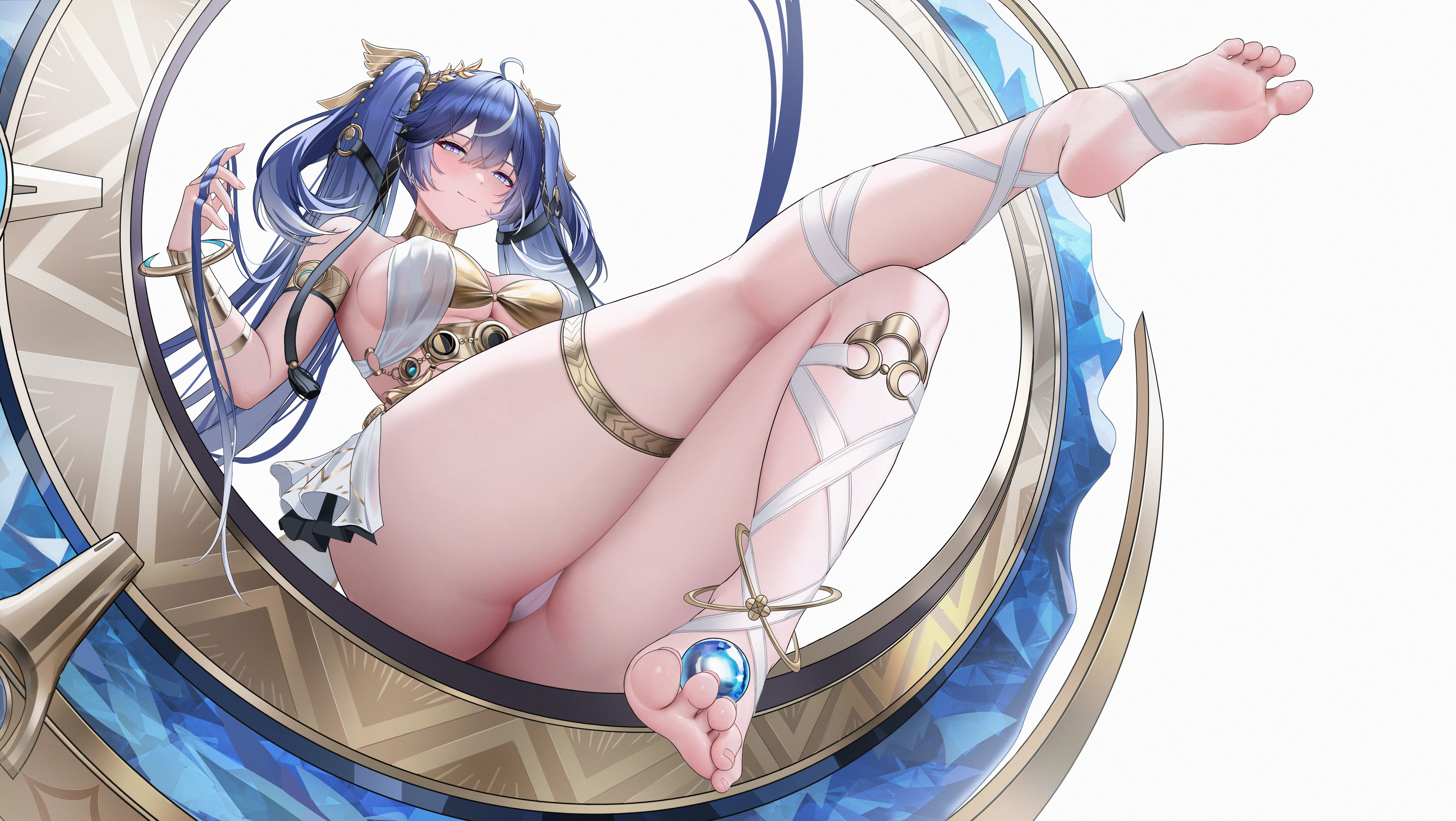 top tank, iuno (wuthering waves), wuthering waves, absurdres, commentary, highres, 1girl, ahoge, alternate breast size (larger), armlet, ass, bare shoulders, barefoot, black skirt, blue eyes, blue hair, blush, breasts, cleavage, closed mouth, feet, film grain, from below, gold bra, hair belt, hair between eyes, hand up, head wreath, jewelry, large breasts, leg wrap, long hair, looking at viewer, looking down, miniskirt, multicolored hair, orb, outstretched leg, sitting, skirt, smile, soles, solo, streaked hair, thighlet, thighs, toenails, toes, twintails, very long hair