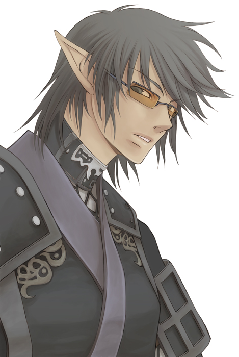 takatsuki kahiro, elvaan, final fantasy, final fantasy xi, 00s, 1boy, black hair, elf, male focus, ninja, pointy ears, simple background, solo, sunglasses