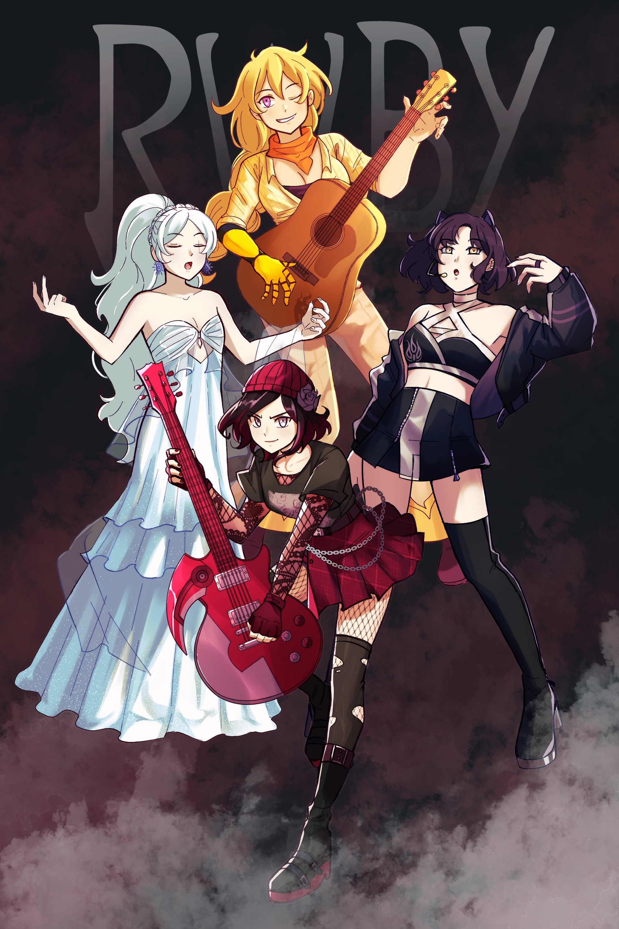 de b0o, blake belladonna, ruby rose, weiss schnee, yang xiao long, rwby, absurdres, commentary, english commentary, highres, spoilers, 4girls, :o, alternate costume, alternate hairstyle, animal ears, bare shoulders, beanie, belt, black boots, black hair, black jacket, black shirt, black skirt, black thighhighs, boots, braid, cat ears, cat girl, chain, closed mouth, copyright name, crop top, dress, earrings, electric guitar, eyelashes, fingerless gloves, fingernails, fishnet pantyhose, fishnets, gloves, grey eyes, guitar, hat, holding, holding guitar, holding instrument, instrument, jacket, jewelry, long hair, long sleeves, mechanical arms, midriff, multicolored hair, multiple girls, nail polish, off shoulder, official alternate hair length, official alternate hairstyle, one eye closed, open clothes, open jacket, open mouth, orange scarf, pants, pantyhose, ponytail, prosthesis, prosthetic arm, purple eyes, red gloves, red hair, red hat, red nails, red skirt, ring, scar, scar across eye, scar on face, scarf, shirt, short hair, short sleeves, single braid, single mechanical arm, skirt, smile, snowflake earrings, thighhighs, thighhighs over pantyhose, torn clothes, torn thighhighs, two-tone hair, white dress, white hair, yellow eyes