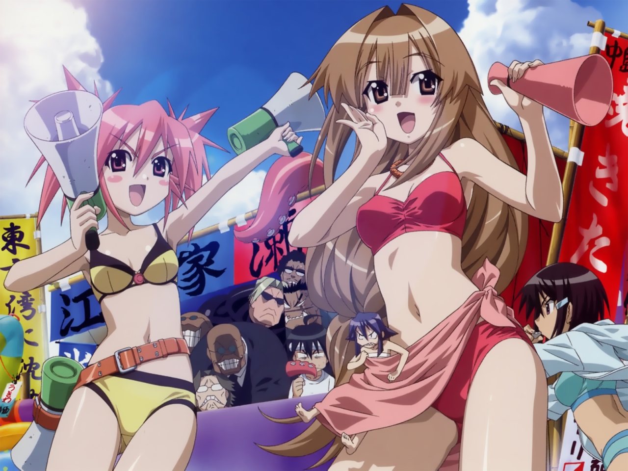 edomae lunar, lunar no papa, maki (seto no hanayome), masa (seto no hanayome), michishio nagasumi, seto gouzaburou, seto sun, zenigata mawari, seto no hanayome, non-web source, 00s, 4girls, 6+boys, :d, belt, belt skirt, bikini, breasts, brown eyes, brown hair, cleavage, cloud, day, hair ornament, hairclip, long hair, medium breasts, megaphone, mini person, minigirl, multiple boys, multiple girls, navel, open mouth, pink eyes, pink hair, pink sarong, sarong, short hair, sky, smile, swimsuit, tentacles, very long hair, whistle