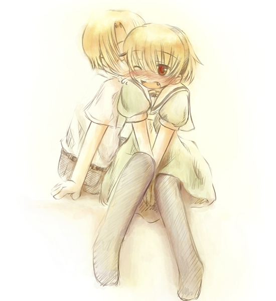 houjou satoko, houjou satoshi, higurashi no naku koro ni, non-web source, 00s, blonde hair, blush, brother and sister, dress, fang, hairband, kiss, pantyhose, short hair, siblings