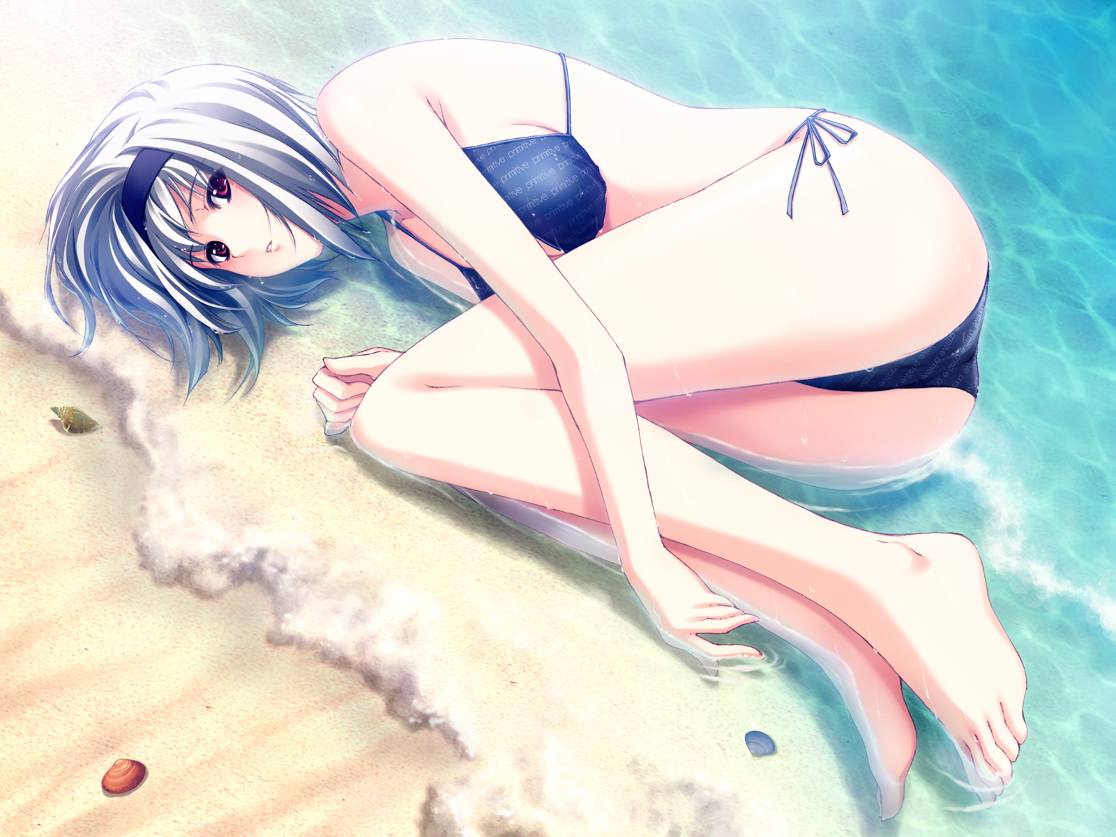 sugina miki, sione, primitive link, highres, non-web source, 1girl, albino, barefoot, beach, bikini, black bikini, day, feet, female focus, fetal position, hairband, hugging own legs, lying, ocean, on side, outdoors, red eyes, sand, seashell, shell, shells, short hair, side-tie bikini bottom, solo, submerged, swimsuit, water, white hair