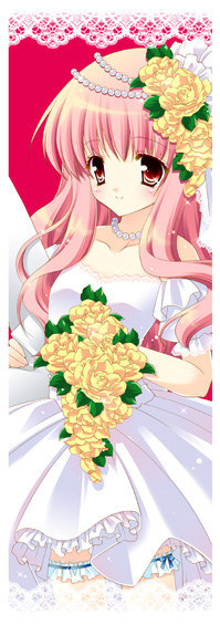shigunyan, non-web source, 1girl, bouquet, bride, dress, female focus, flower, jewelry, long hair, necklace, pink hair, red eyes, solo, wedding, wedding dress
