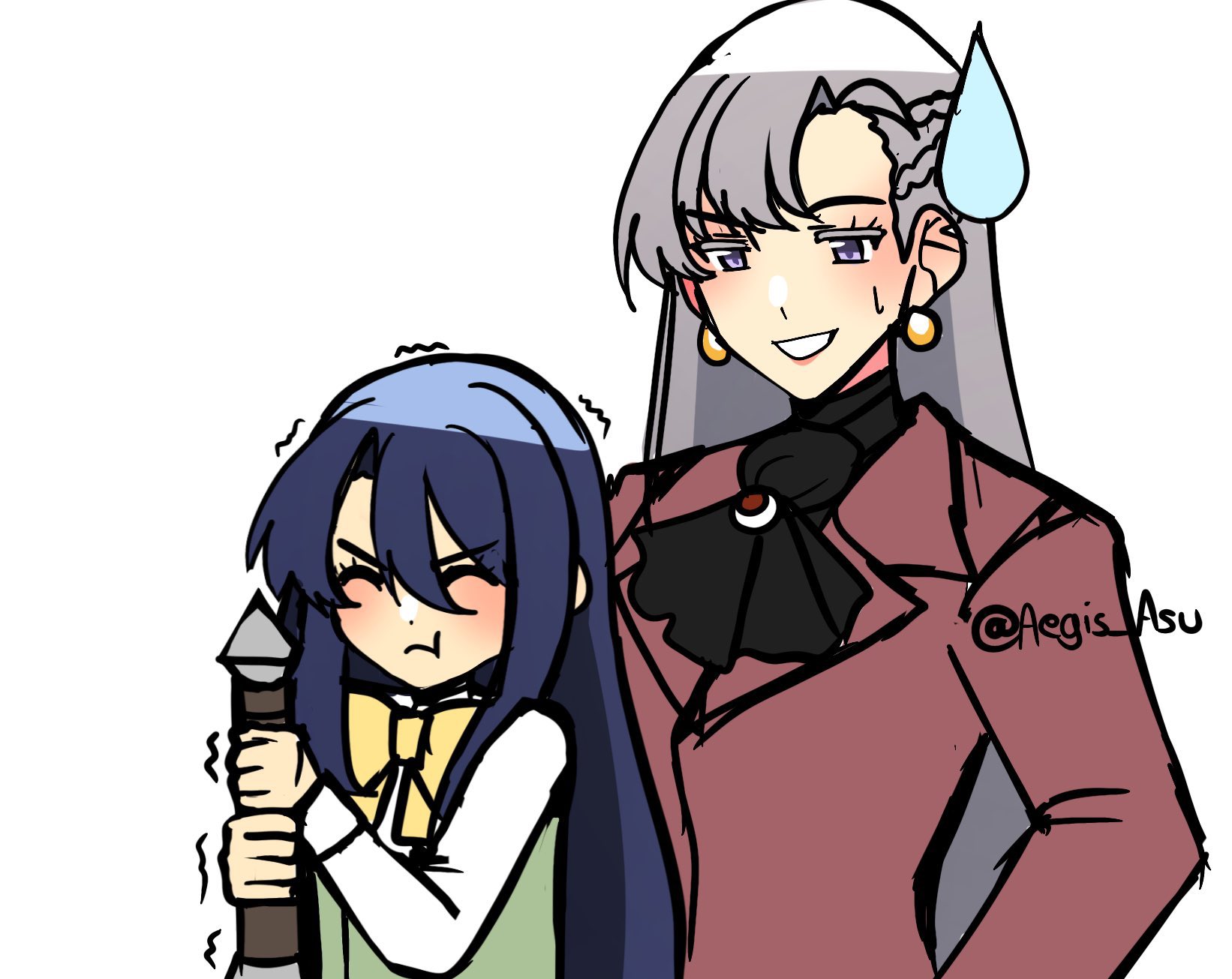 aegis asu, aurelia le guin, laura s. arseid, eiyuu densetsu, sen no kiseki (series), commentary, commission, english commentary, highres, second-party source, 2girls, ascot, black ascot, bow, bowtie, braid, closed eyes, closed mouth, crown braid, curtained hair, double-parted bangs, earrings, grey hair, hair between eyes, holding, holding sword, holding weapon, jewelry, long hair, multiple girls, open mouth, parted bangs, purple eyes, red brooch, sidelocks, simple background, smile, sweatdrop, sword, twitter username, upper body, weapon, white background, yellow bow, yellow bowtie