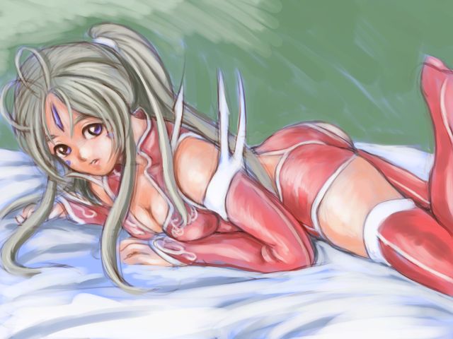 zinmasin, belldandy, aa megami-sama, 1girl, breasts, brown hair, cleavage, elbow gloves, facial mark, forehead mark, gloves, large breasts, long hair, lying, ponytail, purple eyes, thighhighs