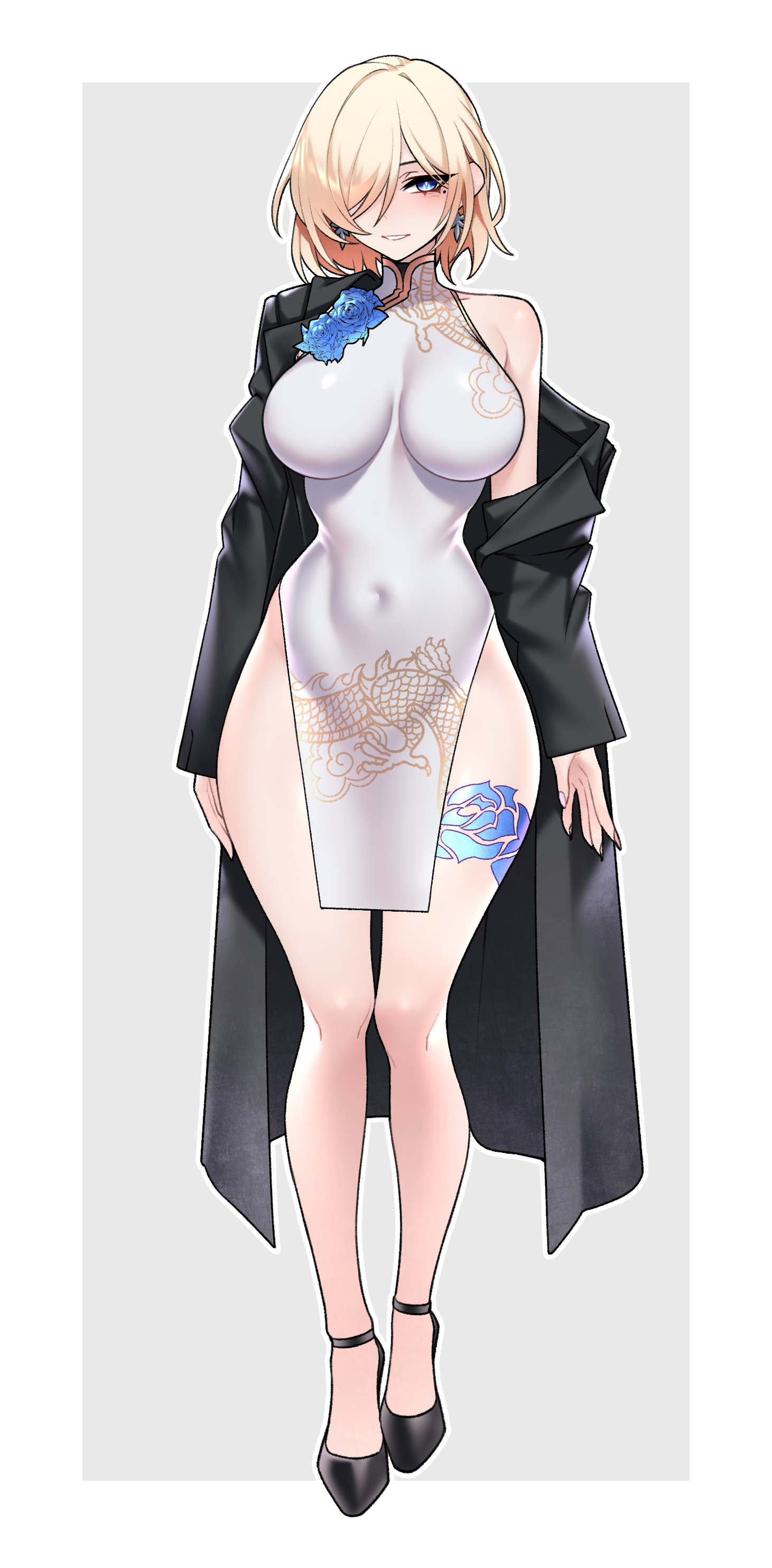 dogs (dlrkdejr26), original, absurdres, commission, highres, large variant set, variant set, 1girl, black jacket, black shoes, blonde hair, blue eyes, borrowed character, breasts, china dress, chinese clothes, covered navel, dress, earrings, flower tattoo, full body, hair over one eye, high heels, impossible clothes, impossible dress, jacket, jewelry, large breasts, leg tattoo, lips, looking at viewer, open mouth, shoes, short hair, smile, solo, stiletto heels, tattoo, white dress, wide hips