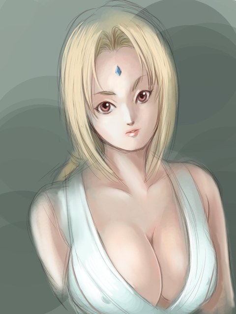 zinmasin, tsunade (naruto), naruto (classic), naruto (series), 1girl, blonde hair, breasts, brown eyes, cleavage, covered erect nipples, huge breasts, lips, long hair, mature female, parted lips, sketch, upper body
