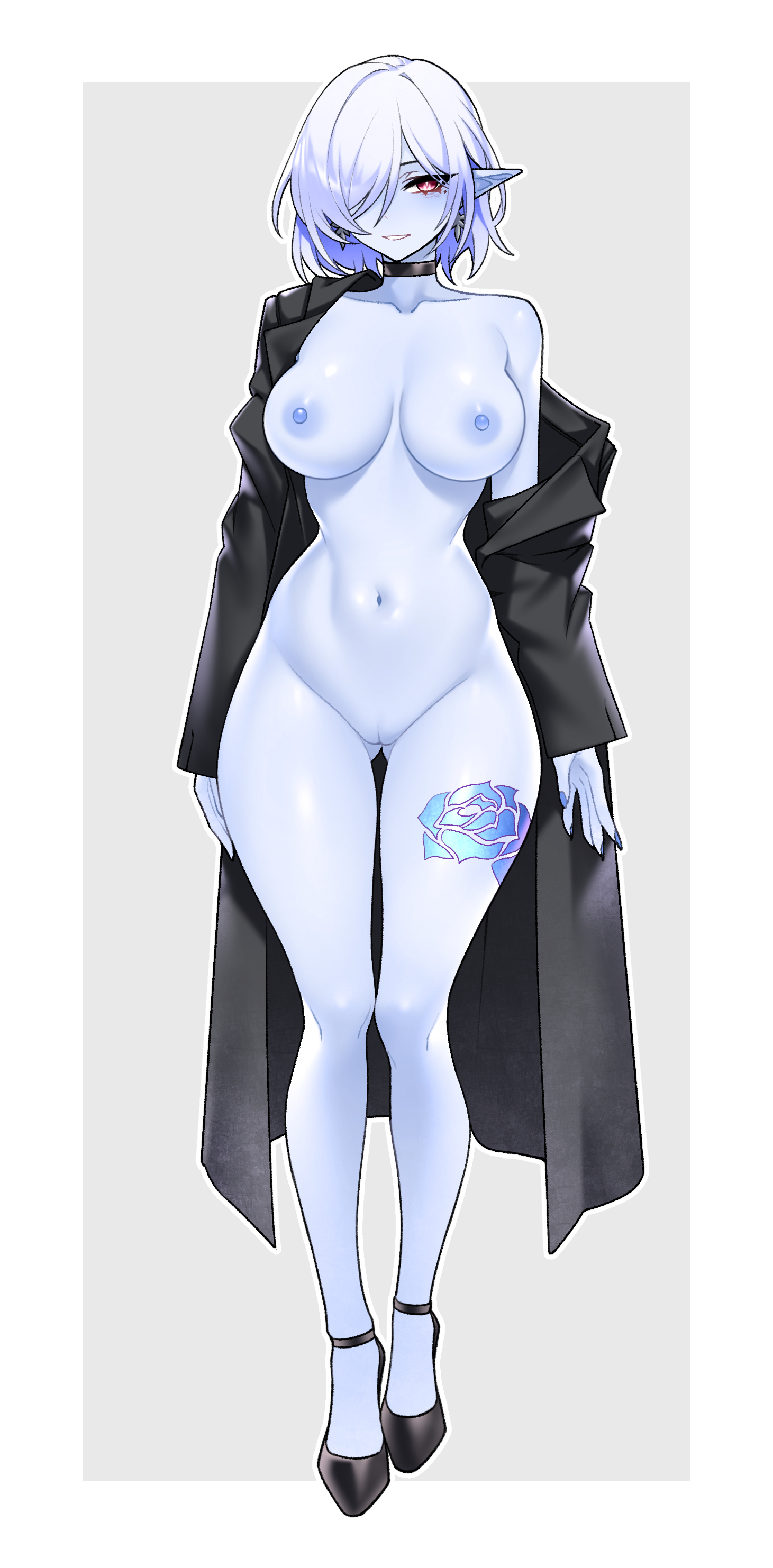 dogs (dlrkdejr26), original, absurdres, commission, highres, large variant set, variant set, 1girl, black jacket, black shoes, blue skin, borrowed character, breasts, colored skin, earrings, flower tattoo, full body, gluteal fold, hair over one eye, high heels, jacket, jewelry, large breasts, leg tattoo, lips, looking at viewer, nipples, nude, open mouth, pink eyes, pointy ears, purple hair, pussy, shoes, short hair, smile, solo, stiletto heels, tattoo, wide hips