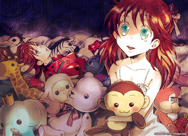 souryuu asuka langley, neon genesis evangelion, 2girls, :3, crazy eyes, dual persona, gainaxtop, green eyes, multiple girls, red hair, stuffed animal, stuffed toy, tears, time paradox
