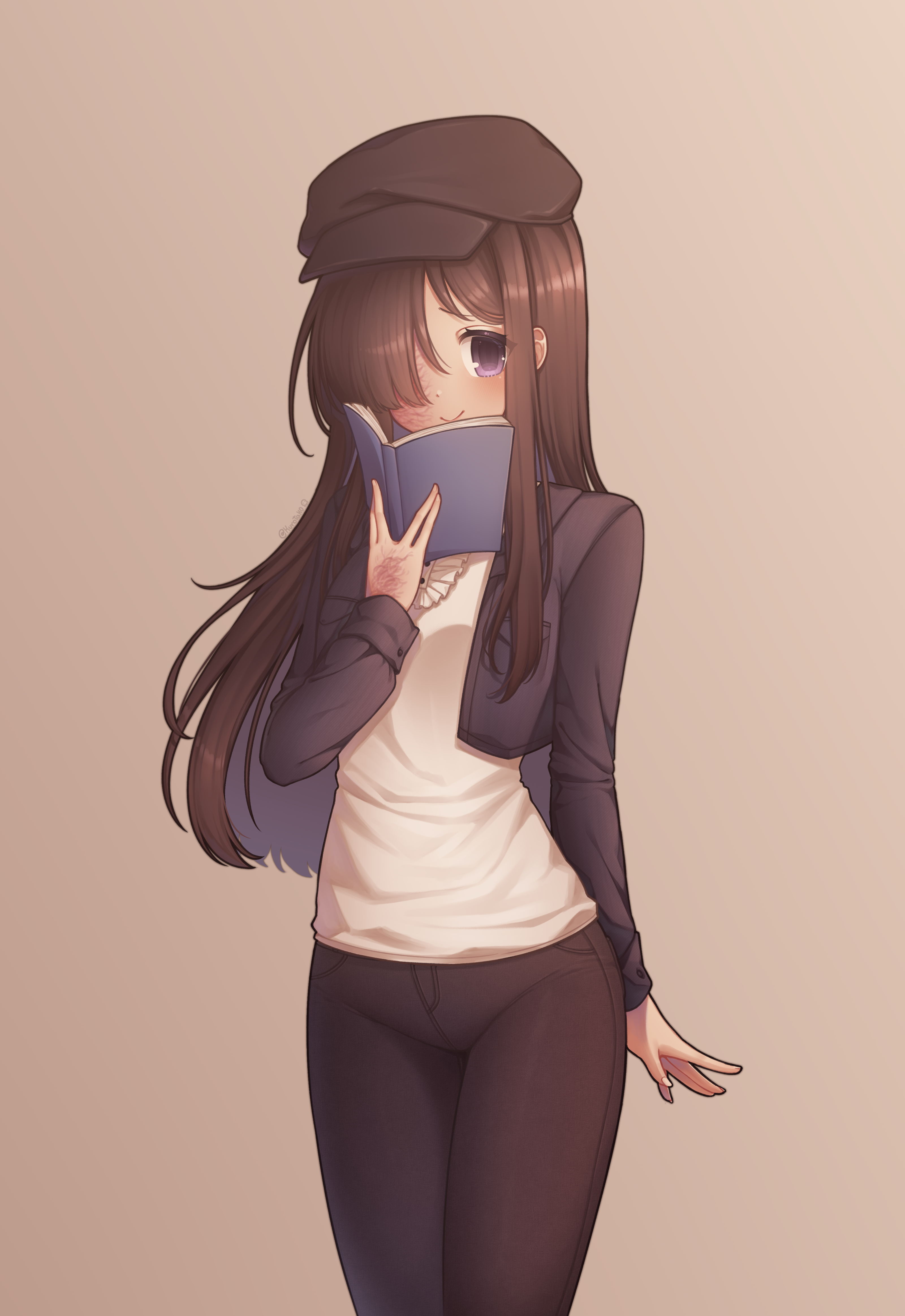 kurotak0, ikezawa hanako, katawa shoujo, absurdres, commission, highres, 1girl, black hat, black pants, book, brown hair, burn scar, casual, closed mouth, cowboy shot, cropped jacket, eyelashes, fingernails, hair over one eye, hat, holding, holding book, jacket, long hair, long sleeves, looking at viewer, official alternate costume, open book, pants, purple eyes, purple hair, purple jacket, scar, scar on face, scar on hand, shirt, simple background, smile, solo, white shirt