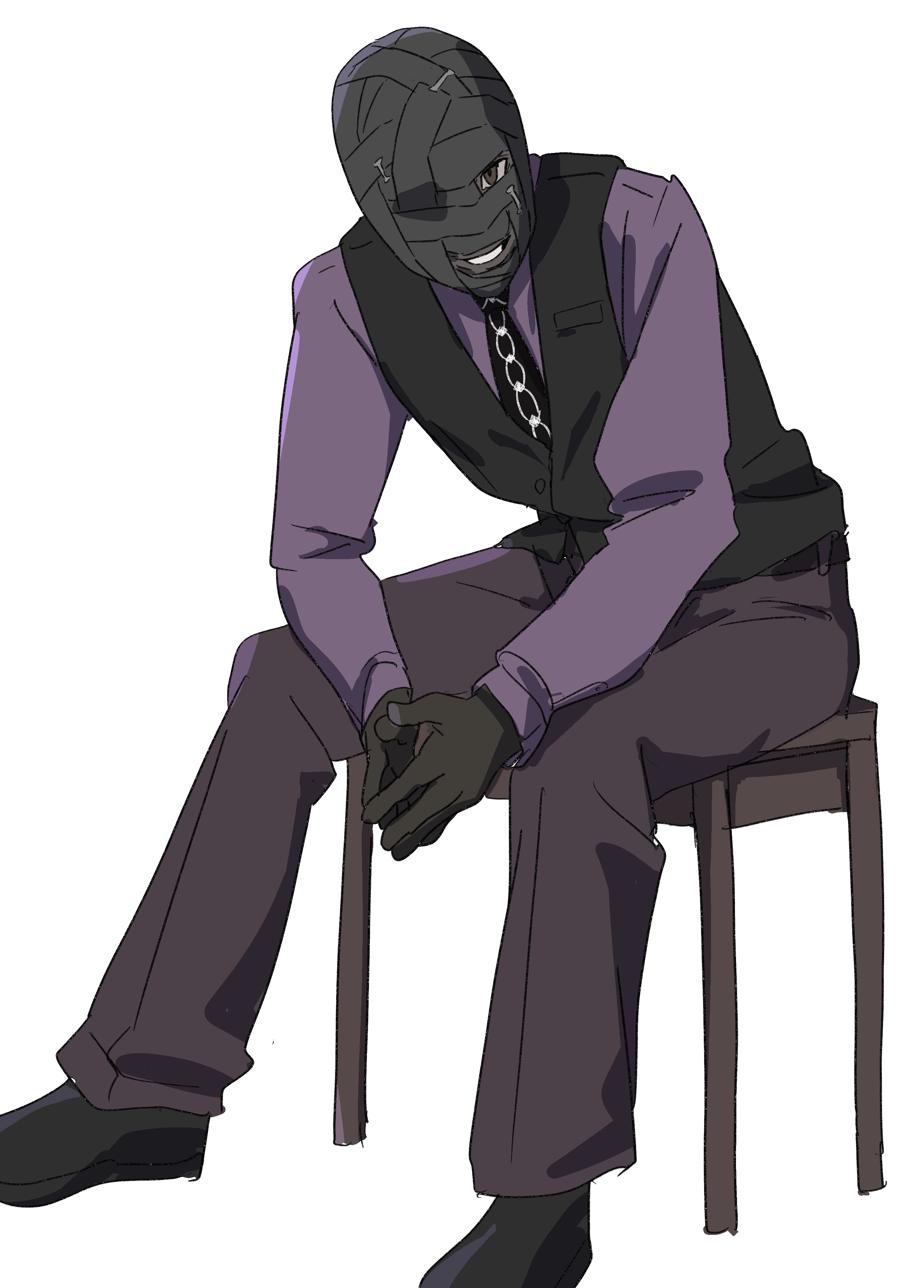 moyosan, saiki gouto, tsukihime, tsukihime (remake), absurdres, commentary request, highres, translation request, 1boy, bandage on face, bandage over one eye, bandaged head, bandages, black necktie, black vest, chair, collared shirt, dress shirt, long sleeves, looking at viewer, male focus, necktie, parted lips, patterned clothing, purple shirt, red eyes, shirt, sitting, smile, solo, standing, vest, wing collar