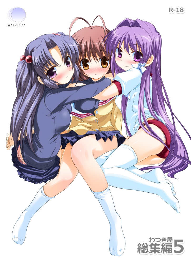 watsuki ayamo, fujibayashi kyou, furukawa nagisa, ichinose kotomi, clannad, 00s, 3girls, antenna hair, barefoot, blue hair, blush, brown eyes, brown hair, buruma, downpants, girl sandwich, gym uniform, hair bobbles, hair ornament, hug, kneehighs, long hair, multiple girls, panties, panty slip, print panties, purple eyes, purple hair, sandwiched, school uniform, serafuku, socks, thighhighs, toes, two side up, underwear, very long hair