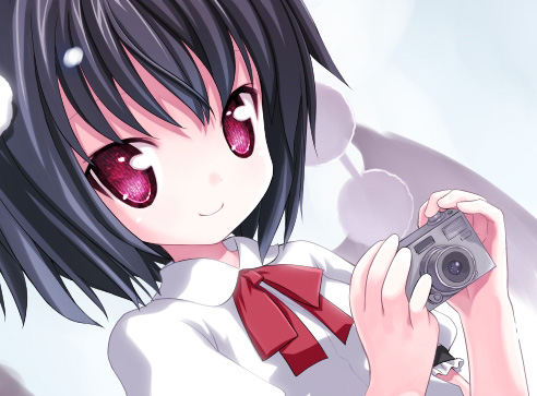 kiira, shameimaru aya, touhou, lowres, 1girl, black hair, camera, female focus, gradient background, purple eyes, short hair, smile, solo