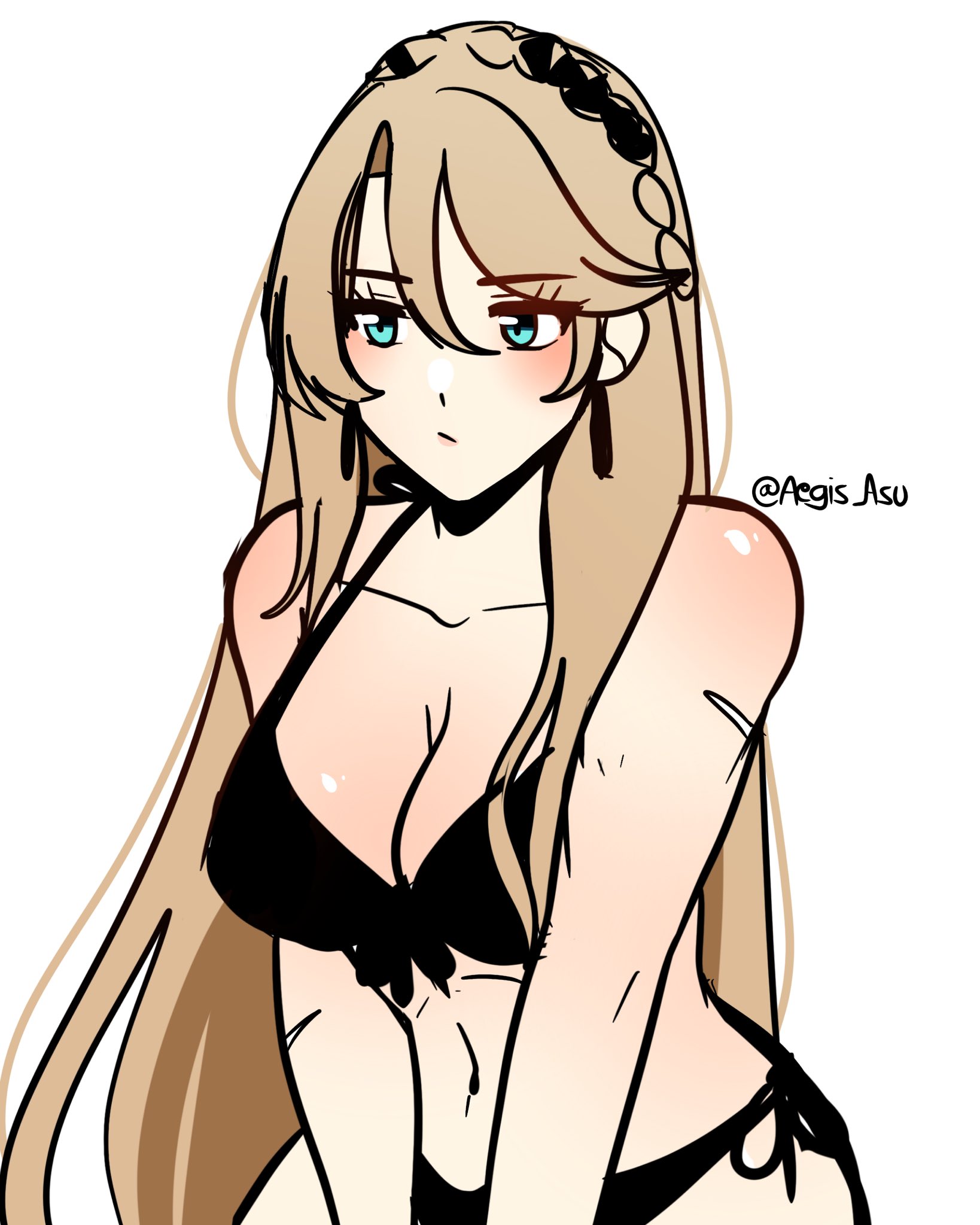 aegis asu, elaine auclair, eiyuu densetsu, kuro no kiseki (series), commentary, english commentary, highres, 1girl, bikini, black bikini, blonde hair, blush, braid, breasts, cleavage, crown braid, curtained hair, double-parted bangs, earrings, front-tie bikini top, front-tie top, green eyes, hair between eyes, jewelry, large breasts, long hair, navel, scar, scar on arm, side-tie bikini bottom, simple background, solo, stomach, swimsuit, twitter username, upper body, white background