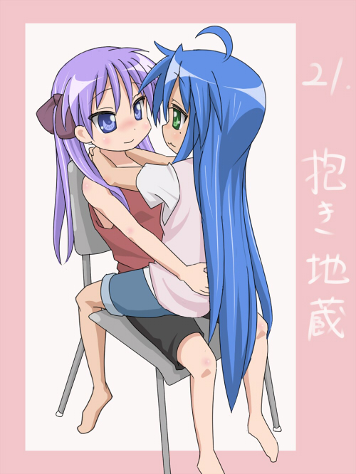 mountain pukuichi, hiiragi kagami, izumi konata, lucky star, 00s, 2girls, barefoot, mole, mole under eye, multiple girls, sitting, sitting on lap, sitting on person