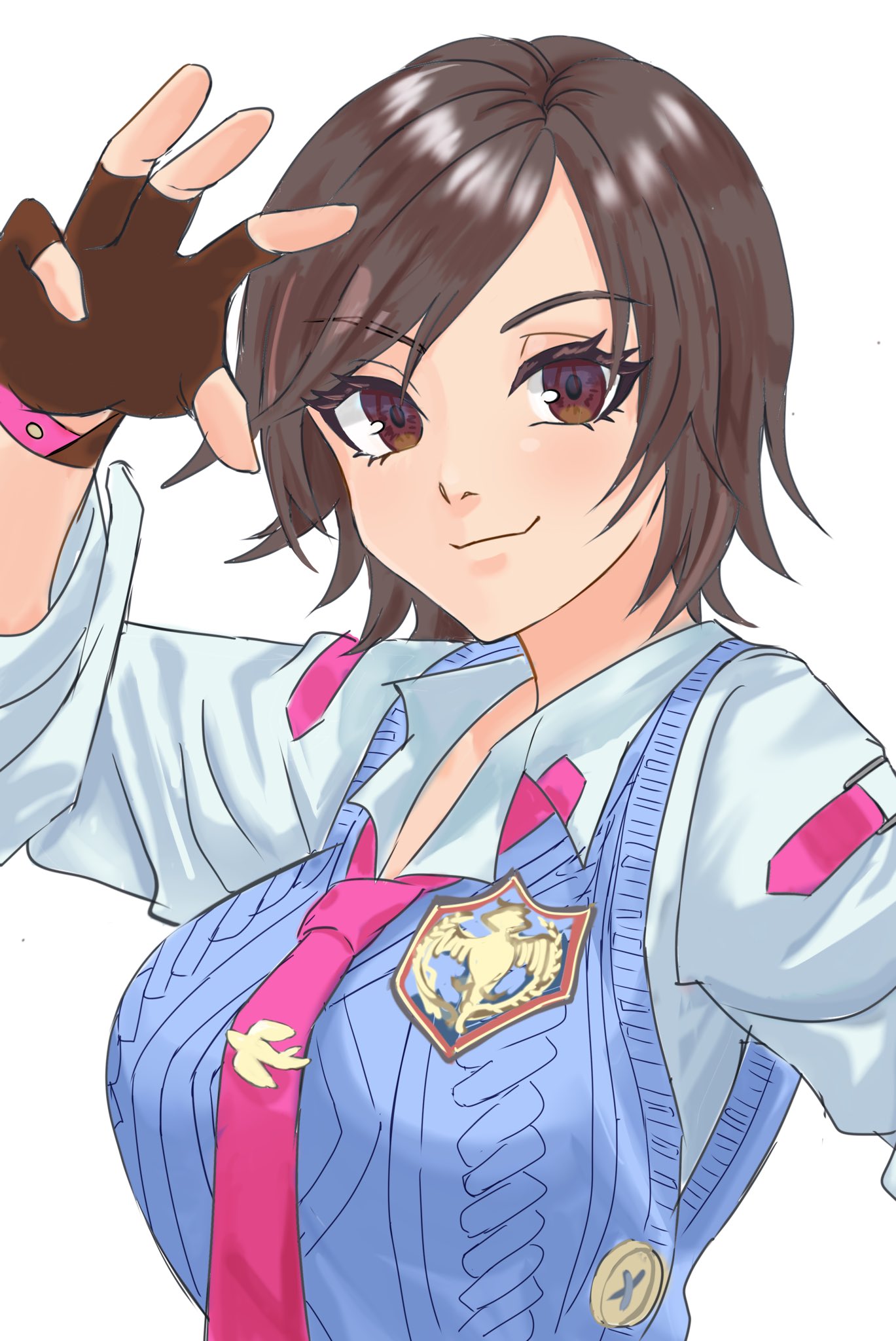 kazama asuka, tekken, tekken 8, artist request, highres, 1girl, blue sweater, blue vest, breasts, brown eyes, brown gloves, brown hair, collared shirt, emblem, female focus, fingerless gloves, gloves, large breasts, looking at viewer, matching hair/eyes, parted hair, patch, red neckie, school uniform, shirt, short hair, smile, solo, sweater, vest, white shirt