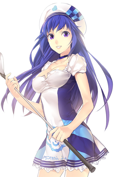 ginka sima, arin (pangya), pangya, 1girl, beret, blue hair, breasts, choker, cleavage, dress, female focus, golf club, hat, large breasts, long hair, purple eyes, smile, solo