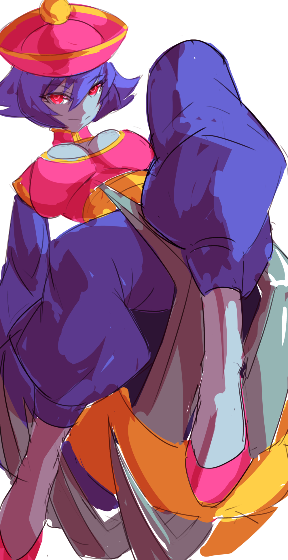 ura dora, hsien-ko, capcom, darkstalkers, highres, 1girl, blue skin, breasts, cleavage cutout, clothing cutout, colored skin, female focus, jiangshi, large breasts, long sleeves, purple hair, red eyes, short hair, smile, solo, white background