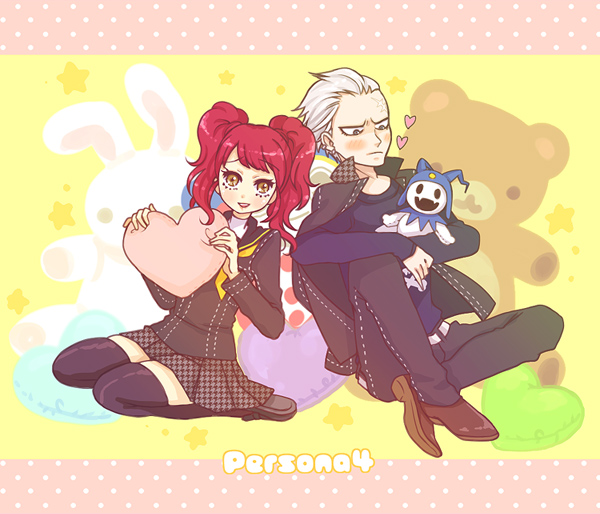 pinkmm, jack frost (megami tensei), kujikawa rise, tatsumi kanji, atlus, persona, persona 4, silver hair, 1boy, 1girl, blush, couple, heart, heart-shaped pillow, hetero, pillow, red hair, scar, school uniform, serafuku, stuffed animal, stuffed toy, thighhighs, twintails
