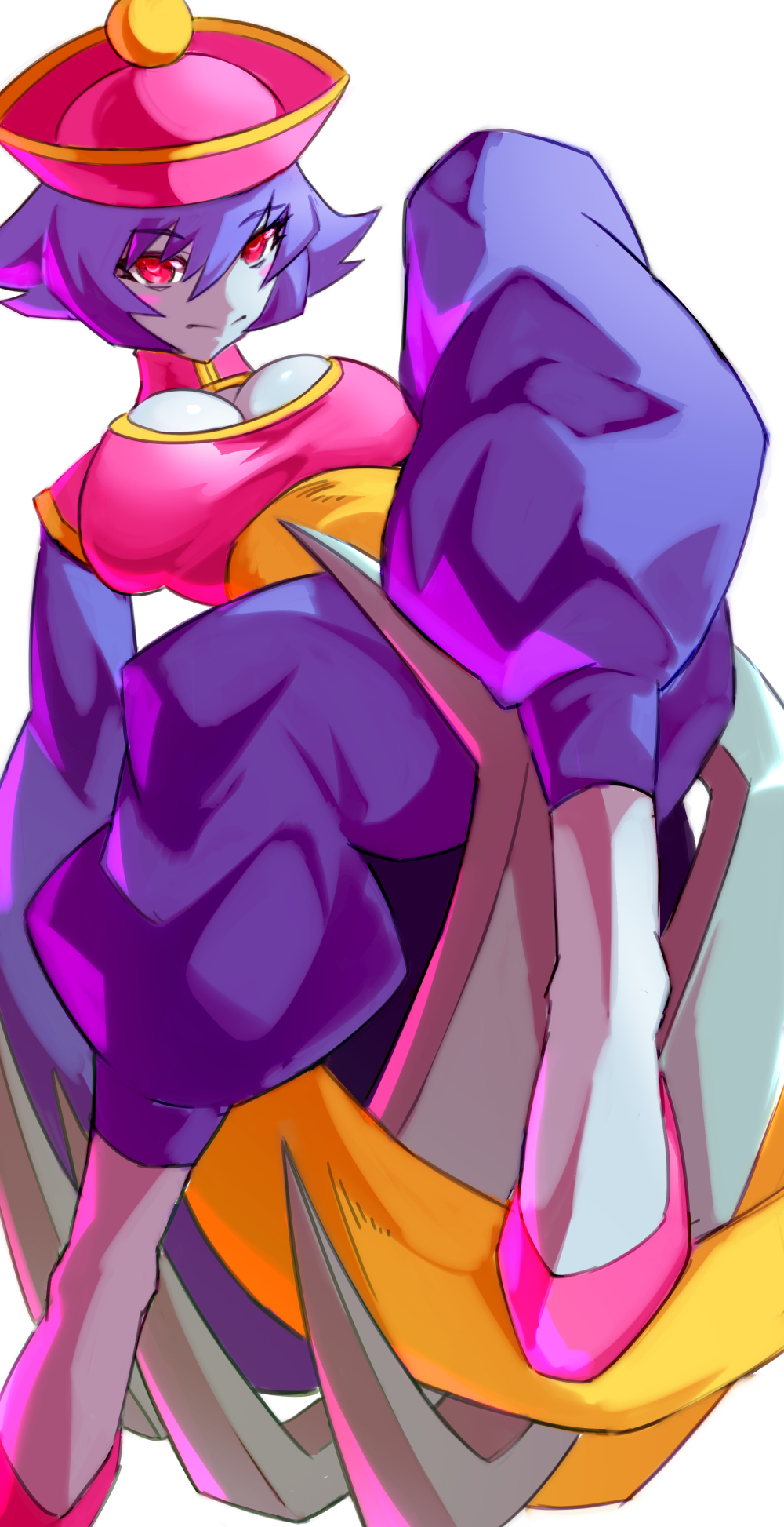 ura dora, hsien-ko, capcom, darkstalkers, highres, 1girl, blue skin, breasts, cleavage cutout, clothing cutout, colored skin, female focus, jiangshi, large breasts, long sleeves, purple hair, red eyes, short hair, smile, solo, white background