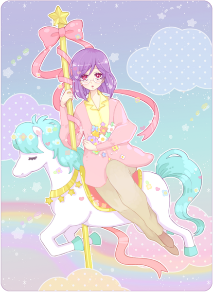 pinkmm, tieria erde, gundam, gundam 00, 00s, 1boy, cardigan, carousel, cloud, flower, glasses, male focus, purple hair, solo, star (symbol)