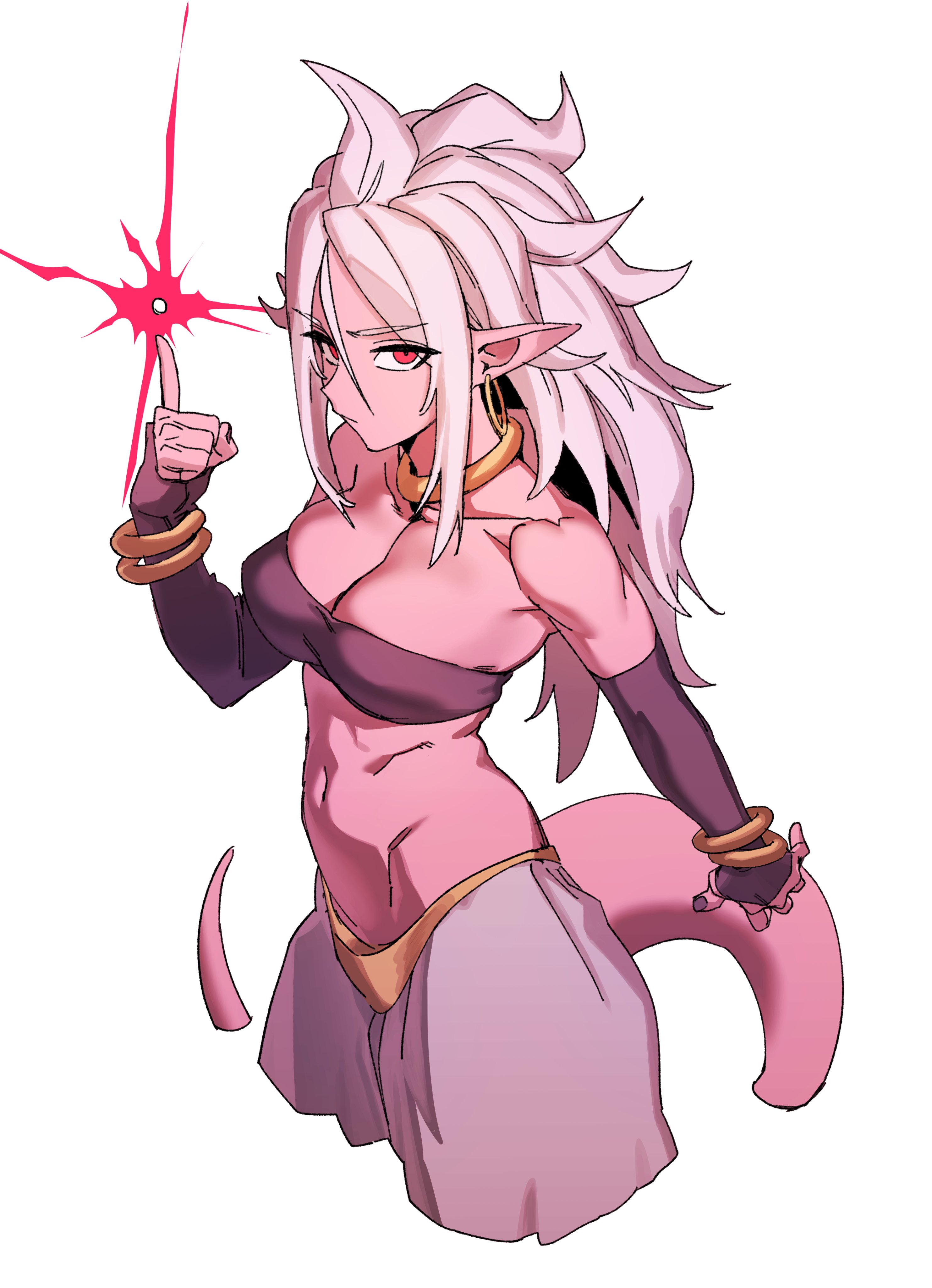 android 21, majin android 21, dragon ball, dragon ball fighterz, absurdres, highres, 1d1a21, 1girl, bandeau, bare shoulders, black bandeau, black gloves, black tube top, breasts, cleavage, collarbone, colored skin, detached sleeves, earrings, female focus, gloves, gold earrings, hoop earrings, jewelry, large breasts, long hair, looking at viewer, looking to the side, midriff, neck ring, pink skin, pink tail, red eyes, solo, spiked hair, strapless, tail, tube top