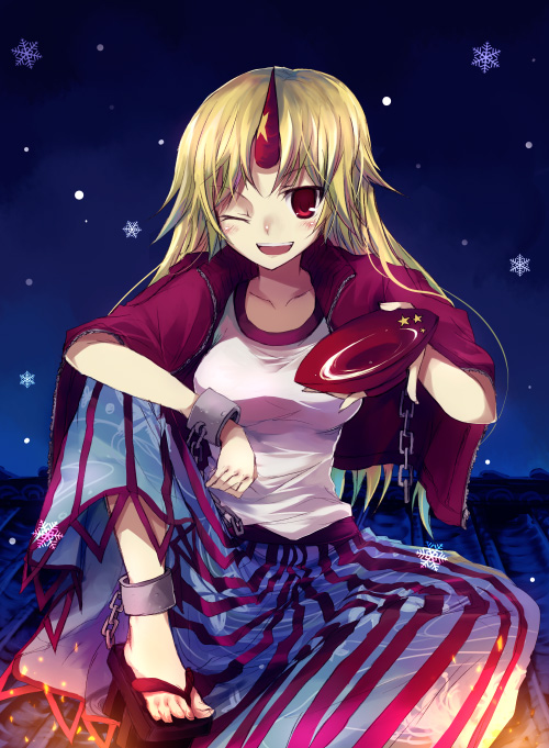 suzushiro kurumi, hoshiguma yuugi, touhou, 1girl, blonde hair, chain, cuffs, cup, female focus, horns, long hair, one eye closed, red eyes, sakazuki, sandals, single horn, snow, solo, wink