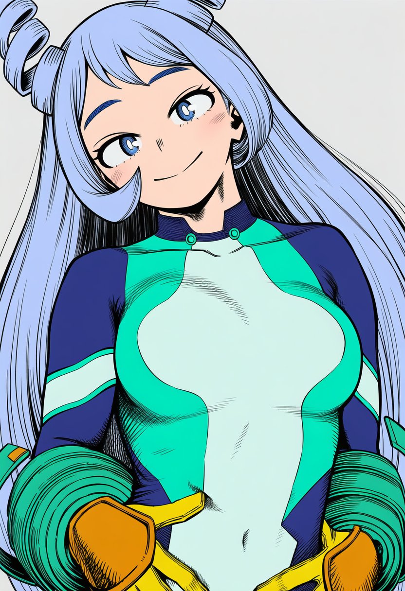 jei games, hado nejire, boku no hero academia, highres, 1girl, blue bodysuit, blue eyes, blue hair, bodysuit, breasts, covered collarbone, covered navel, female focus, gloves, long hair, looking at viewer, matching hair/eyes, multicolored bodysuit, navel, skin tight, smile, solo, superhero costume, very long hair, yellow gloves