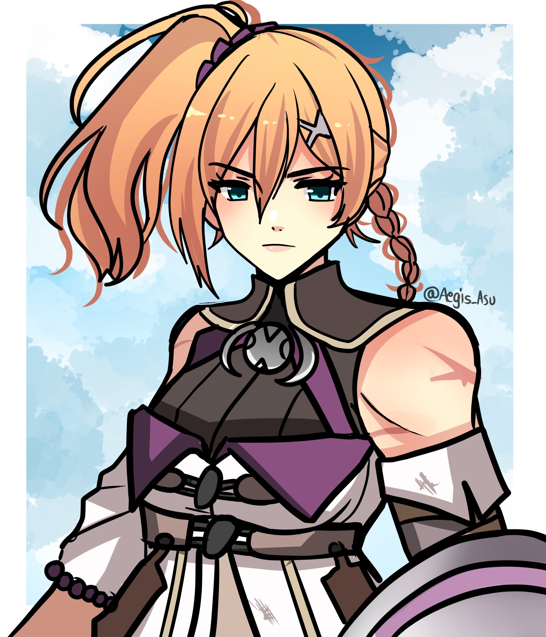 aegis asu, karja balta, ys, ys x: nordics, commentary, english commentary, highres, 1girl, bare shoulders, blonde hair, braid, breasts, detached sleeves, double-parted bangs, green eyes, hair between eyes, hair ornament, hairpin, holding, holding shield, long hair, medium breasts, ponytail, scar, scar on arm, shield, side braid, single braid, solo, twitter username, upper body