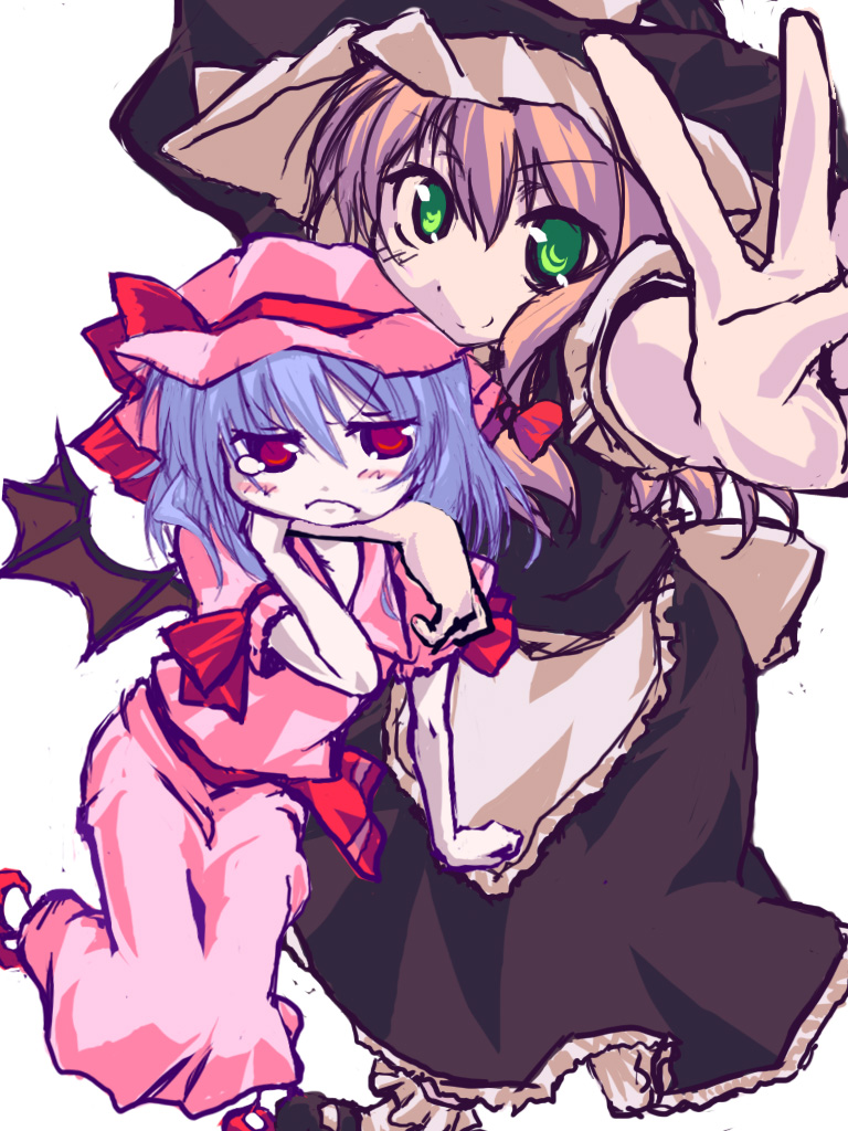 nobon, kirisame marisa, remilia scarlet, touhou, 2girls, angry, bat wings, blonde hair, blue hair, female focus, foreshortening, frown, green eyes, hat, multiple girls, red eyes, smile, v, wings, witch, witch hat