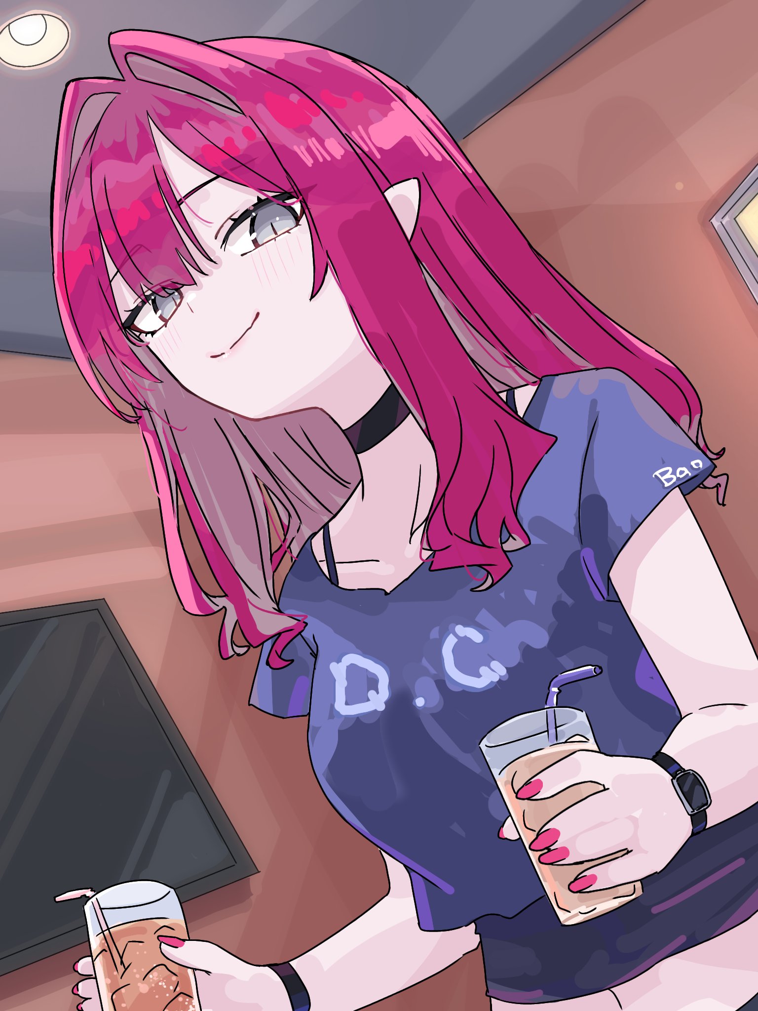niwaikanai, baobhan sith (fate), fate/grand order, fate (series), commentary request, highres, 1girl, alternate costume, black choker, blue shirt, blush, choker, closed mouth, drink, fingernails, grey eyes, hair intakes, holding, holding drink, indoors, long hair, looking at viewer, midriff, navel, pointy ears, purple hair, purple nails, shirt, short sleeves, smile, solo, watch, wristwatch