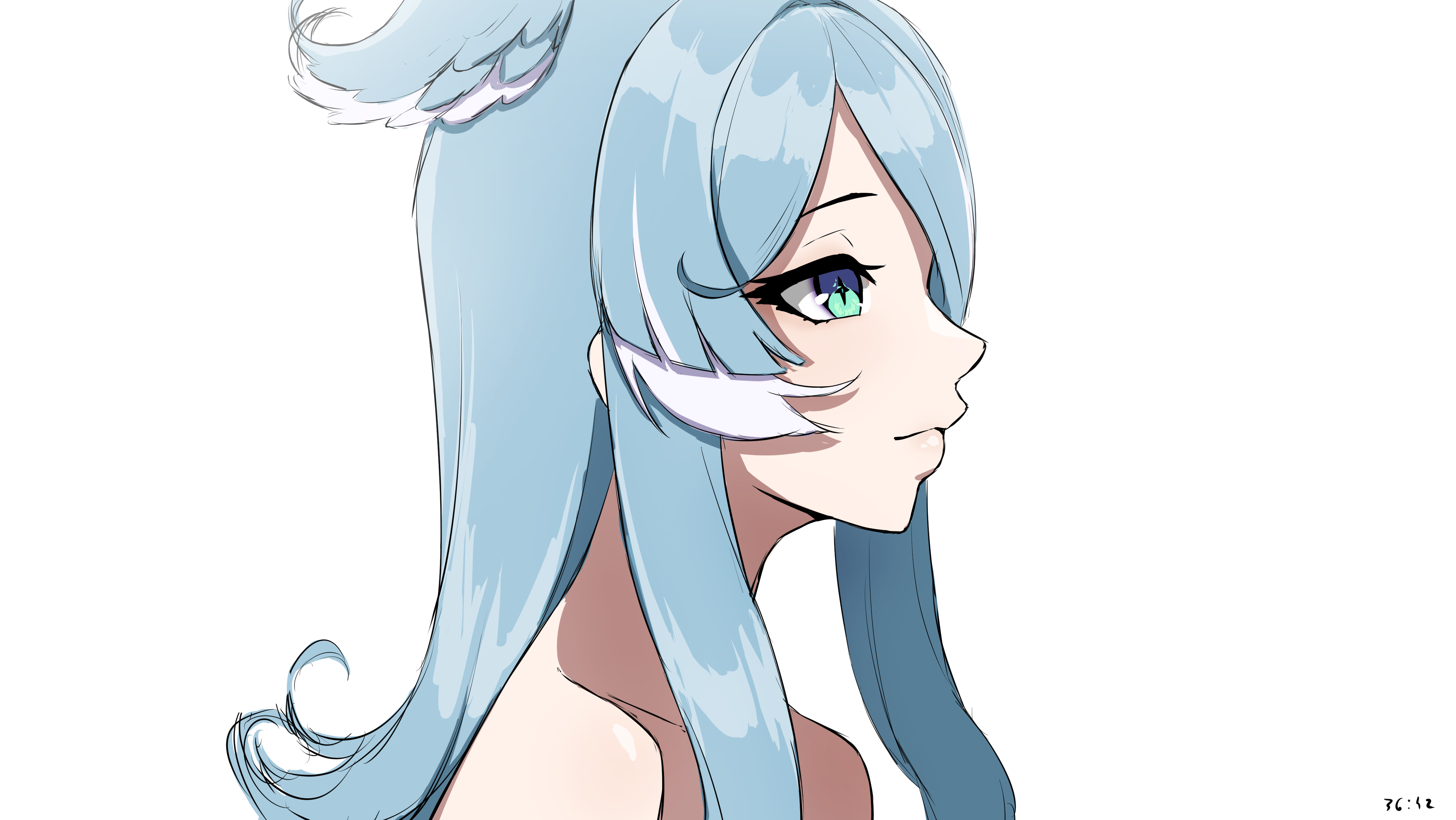 daydarion, elira pendora, nijisanji, nijisanji en, absurdres, highres, 1girl, aqua eyes, blue hair, from side, hair over one eye, head wings, long hair, nude, simple background, solo, virtual youtuber, white background, wings