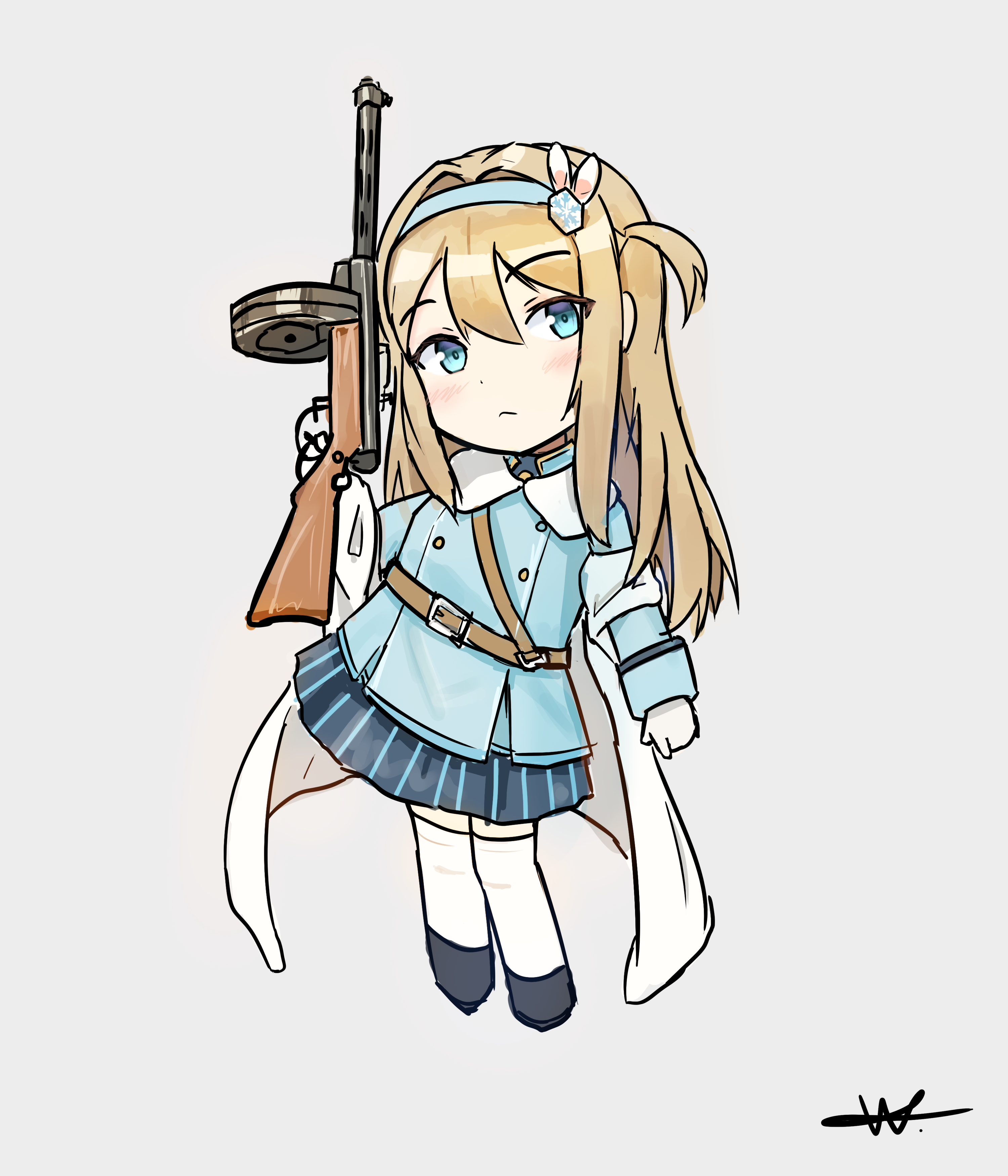 shuni valentine, suomi (girls' frontline), suomi (girls' frontline 2), girls' frontline, girls' frontline 2: exilium, absurdres, commentary, highres, 1girl, belt, belt buckle, black boots, black shirt, black skirt, blonde hair, blue eyes, blue hairband, blue jacket, blush, boots, brown belt, buckle, chibi, closed mouth, collared shirt, gloves, grey background, gun, hairband, hand up, holding, holding gun, holding weapon, jacket, long hair, long sleeves, looking at viewer, name connection, object namesake, one side up, pleated skirt, shirt, signature, simple background, skirt, solo, striped clothes, striped skirt, submachine gun, suomi kp/-31, thighhighs, thighhighs under boots, vertical-striped clothes, vertical-striped skirt, weapon, white gloves, white thighhighs