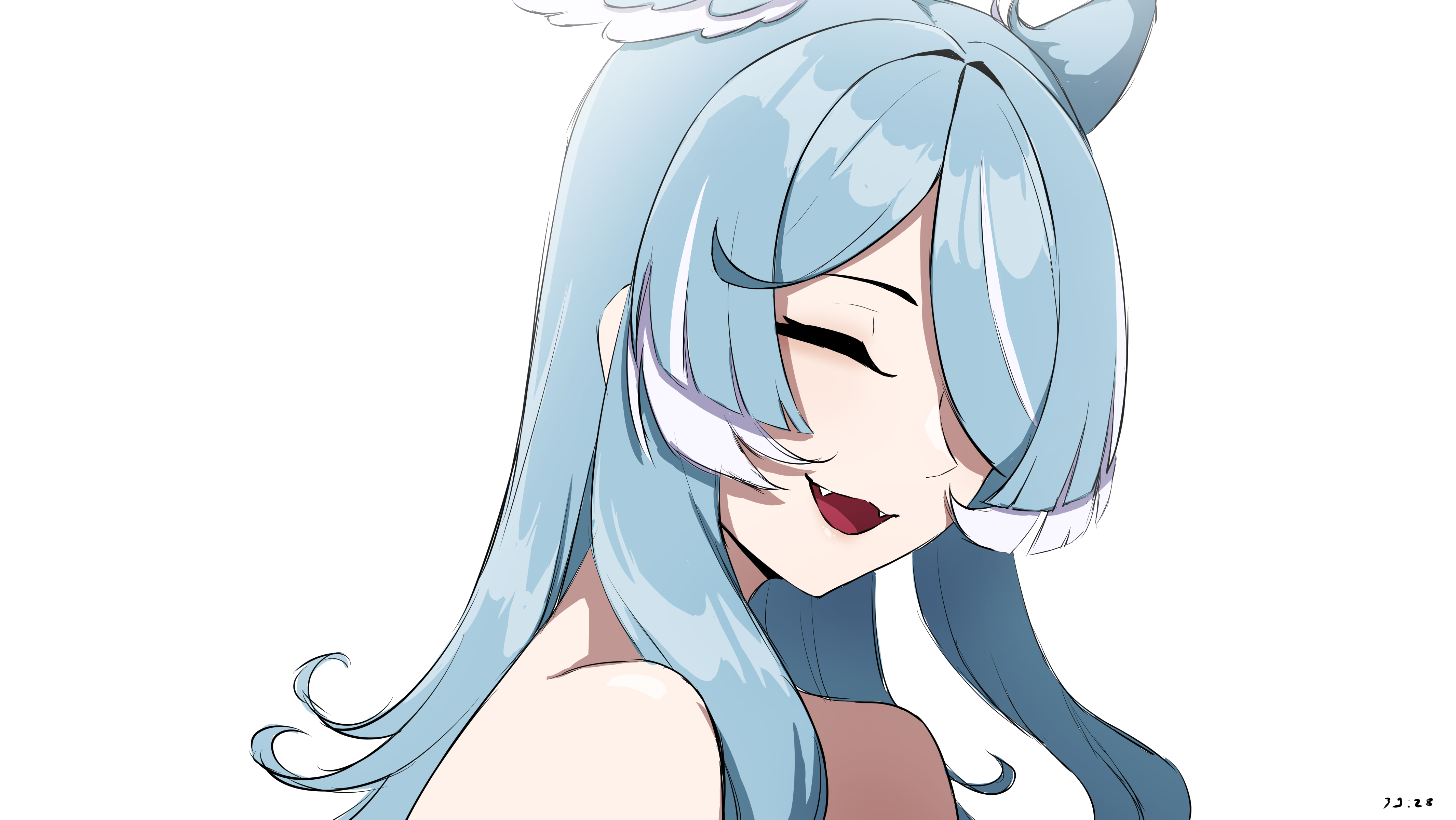 daydarion, elira pendora, nijisanji, nijisanji en, absurdres, highres, 1girl, blue hair, closed eyes, fangs, hair over one eye, head wings, long hair, nude, open mouth, simple background, smile, solo, virtual youtuber, white background, wings