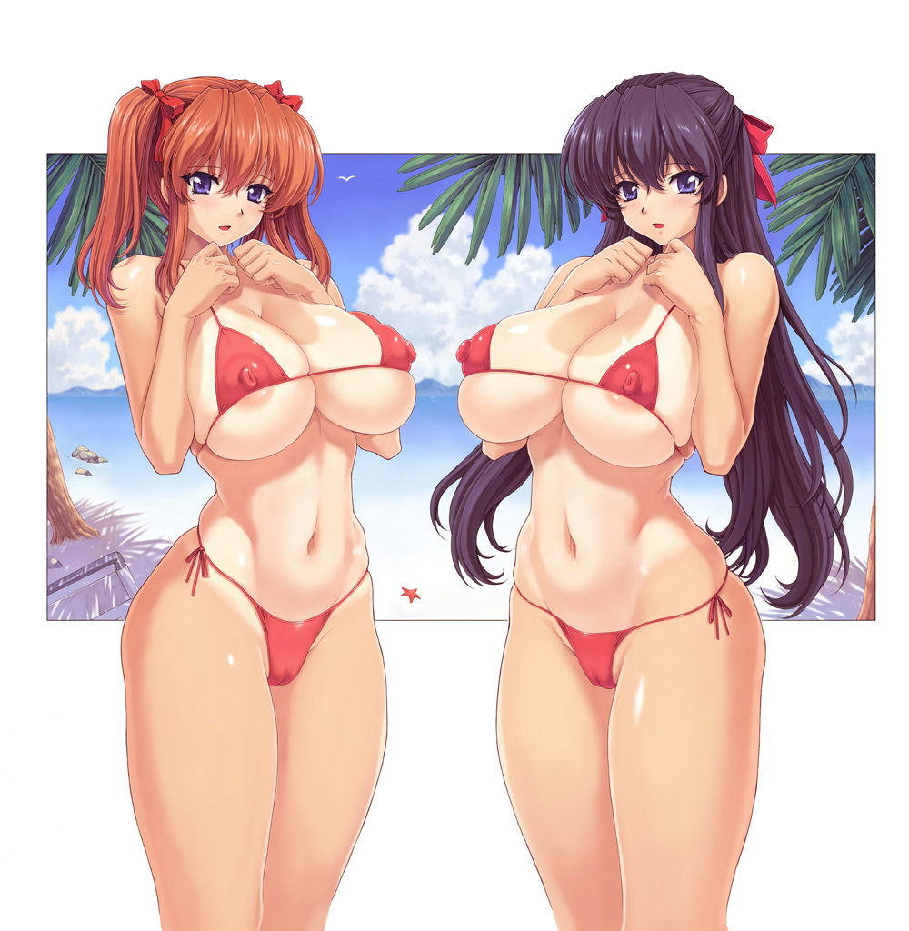 mogudan, original, 2girls, areola slip, beach, bikini, black hair, blue eyes, breast suppress, breasts, cameltoe, cloud, covered erect nipples, day, hair ribbon, huge breasts, long hair, micro bikini, multiple girls, one-piece tan, orange hair, outside border, puffy nipples, ribbon, side-tie bikini bottom, skindentation, sky, swimsuit, symmetry, tan, tanline, twintails, underboob, water