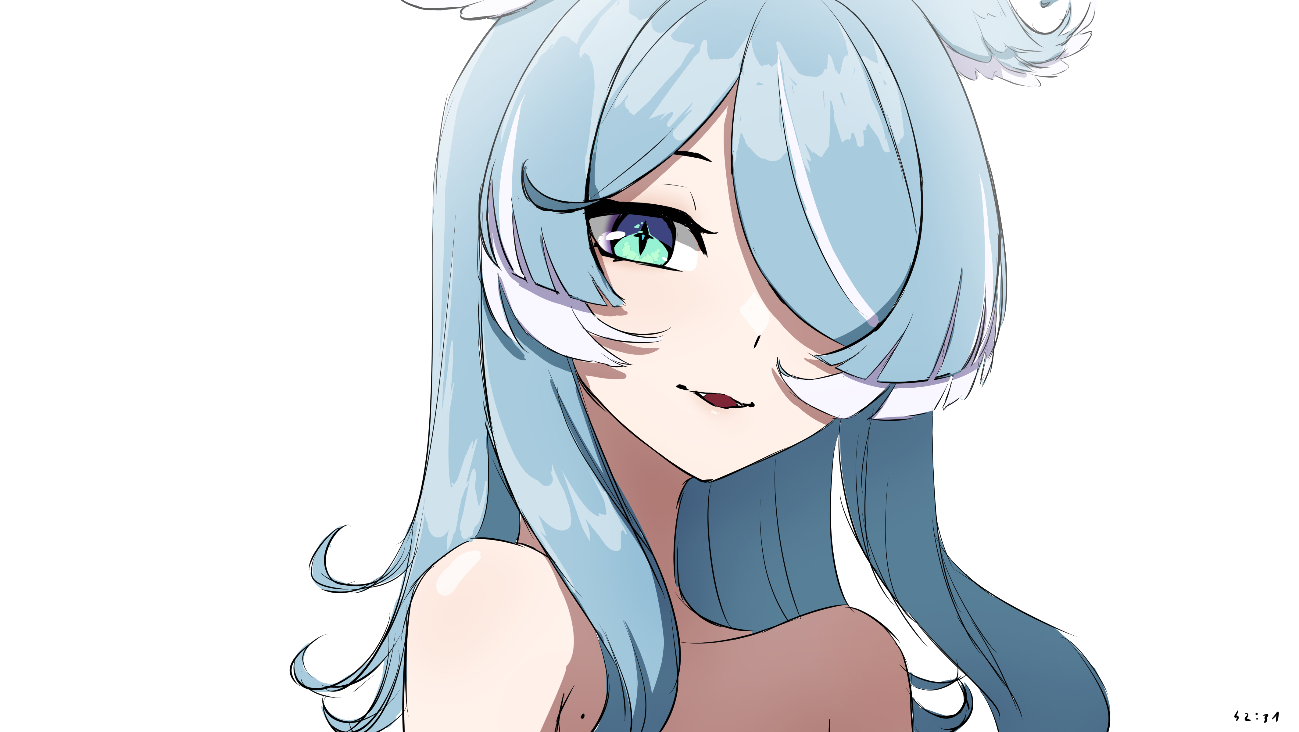 daydarion, elira pendora, nijisanji, nijisanji en, absurdres, highres, 1girl, aqua eyes, blue hair, fangs, hair over one eye, head wings, long hair, looking at viewer, mole, mole on armpit, nude, parted lips, simple background, solo, virtual youtuber, white background, wings