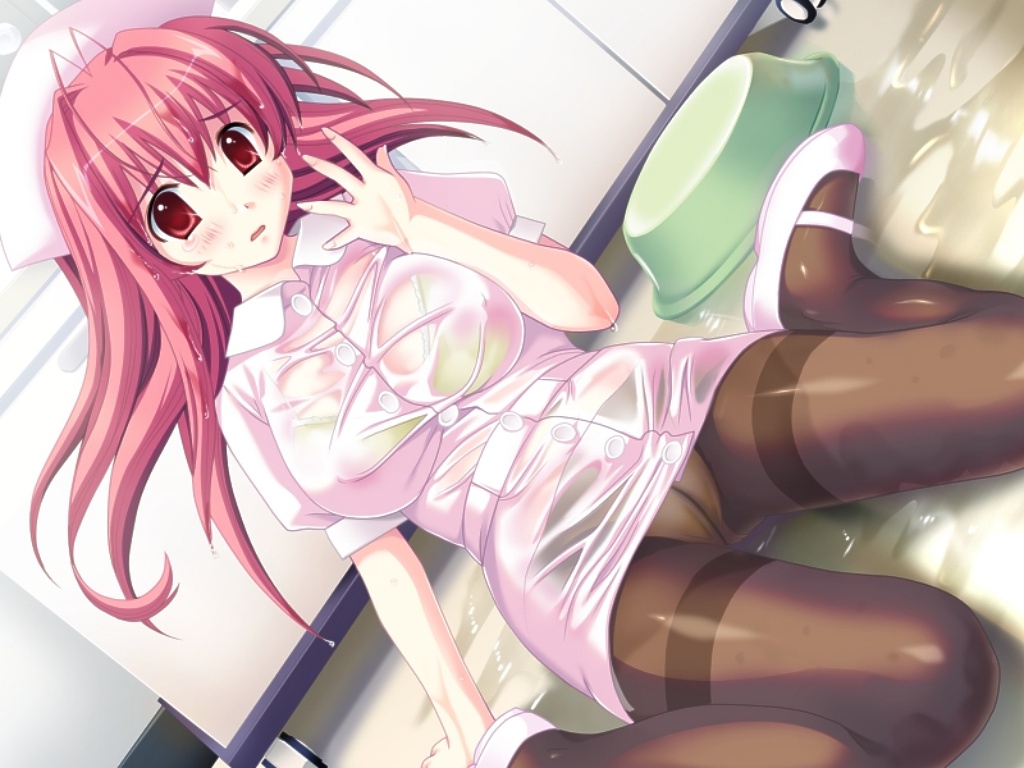 sapporo momoko, koike nodoka, atelier d, koshitsu byoushitsu, game cg, 1girl, ahoge, blush, bra, breasts, crotch seam, dutch angle, female focus, hat, large breasts, lingerie, long hair, nurse, nurse cap, panties, panties under pantyhose, pantyhose, pantyshot, pink eyes, pink hair, red eyes, solo, thighband pantyhose, underwear, upskirt, wet, wet clothes