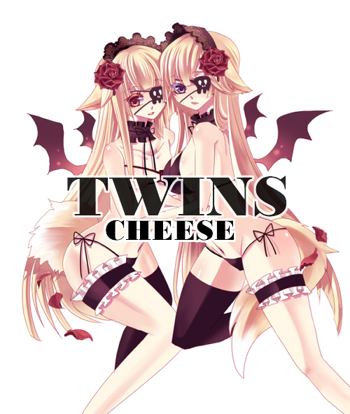 shamu neko, bad id, bad pixiv id, 2girls, animal ears, asymmetrical clothes, bat wings, blonde hair, eyepatch, long hair, makeup, multiple girls, panties, purple eyes, red eyes, siblings, side-tie panties, single thighhigh, sisters, tail, thighhighs, twins, underwear, wings