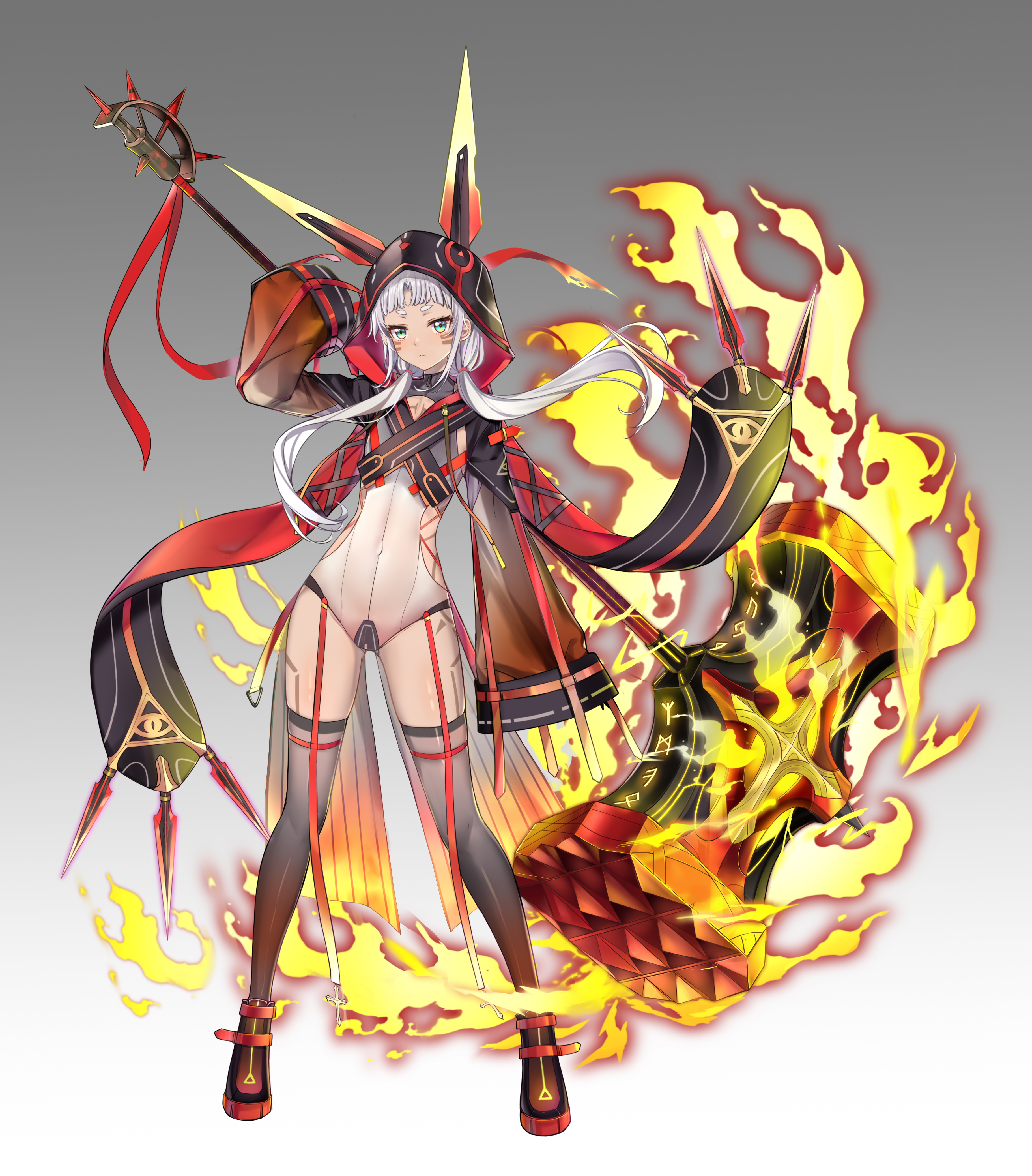 shenyuekong, original, absurdres, commentary request, highres, 1girl, animal ears, black thighhighs, blunt bangs, body markings, breasts, closed mouth, cover, cross, facial mark, fake animal ears, fire, flat chest, forehead, frown, full body, gradient background, green eyes, grey hair, hammer, holding, holding behind back, holding hammer, holding weapon behind back, hood, hood up, huge weapon, legs apart, leotard, long hair, long sleeves, low twintails, platform shoes, red shoes, shoes, simple background, sleeves past wrists, small breasts, standing, tachi-e, tan, tattoo, thick eyebrows, thighhighs, twintails, v-shaped eyebrows, war hammer, weapon, whisker markings, white hair, wide sleeves