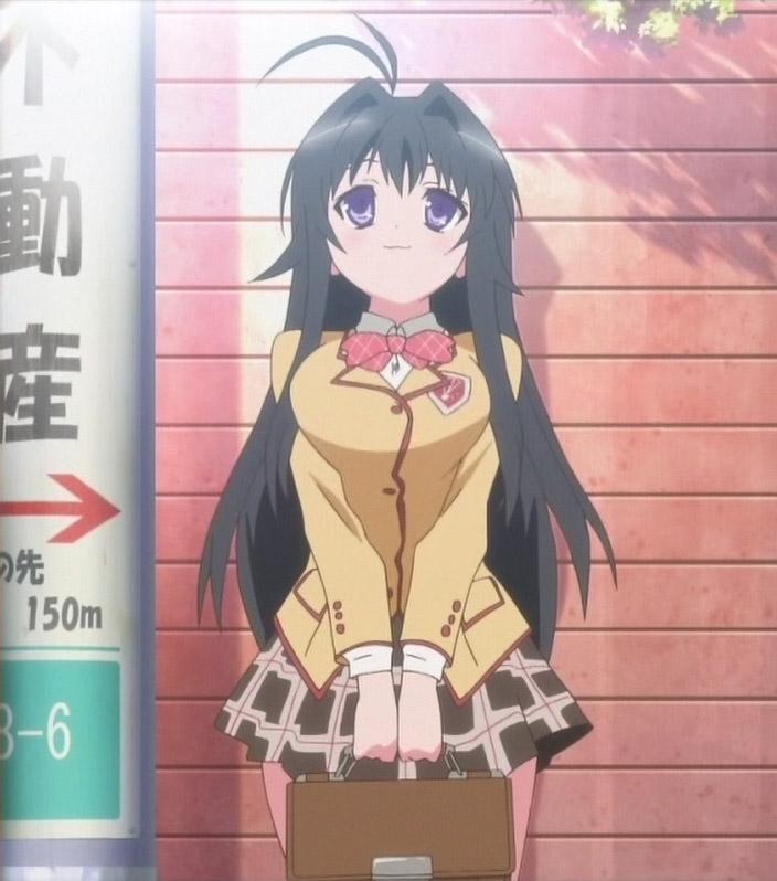 takami akio, minamoto chizuru, kanokon, anime screenshot, stitched, third-party edit, 00s, bag, black hair, breasts, breasts squeezed together, large breasts, purple eyes, school bag, school uniform, serafuku, solo