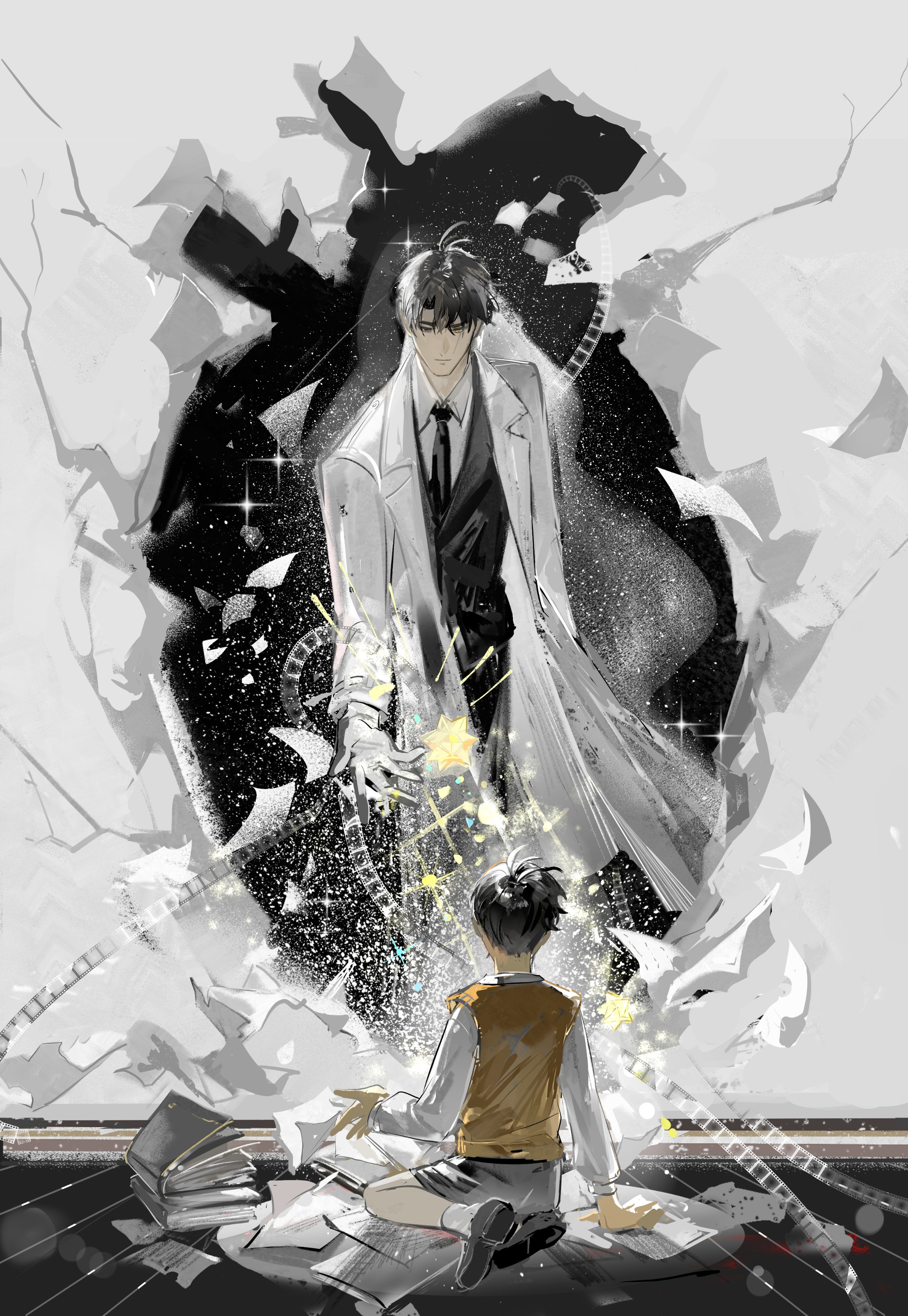lantercat, kim dokja, omniscient reader's viewpoint, absurdres, highres, 2boys, black eyes, black hair, black shorts, black vest, book, book stack, coat, collared shirt, dual persona, falling paper, film reel, full body, gloves, looking at another, male focus, multiple boys, offering hand, oldest dream, open clothes, open coat, paper, popped collar, reaching, reaching towards another, seiza, serious, shirt, short hair, shorts, sitting, sky, sparkle, star (sky), starry sky, symbolism, too many papers, torn paper, vest, white coat, white gloves, white shirt, yellow vest