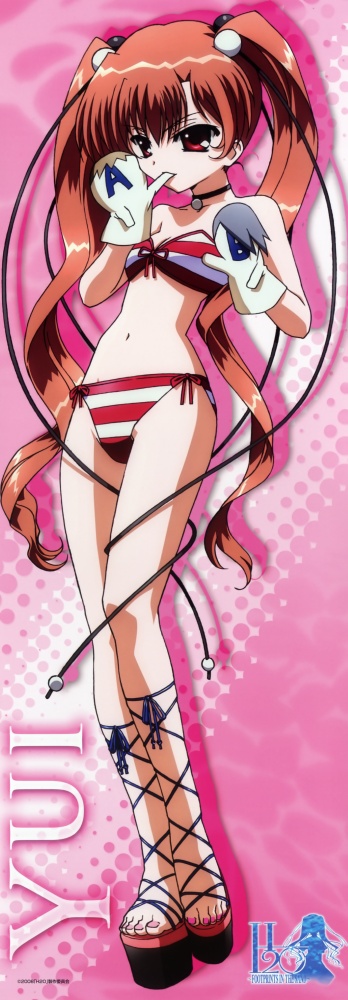 okuda atsushi, tabata yui, h2o footprints in the sand, long image, tall image, 00s, 1girl, bikini, female focus, hand puppet, mittens, platform sandals, puppet, sandals, solo, stick poster, striped bikini, striped clothes, swimsuit, twintails