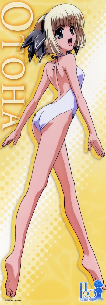 okuda atsushi, otoha (h2o), h2o footprints in the sand, long image, tall image, 00s, 1girl, ass, blonde hair, feet, female focus, green eyes, one-piece swimsuit, short hair, solo, stick poster, swimsuit