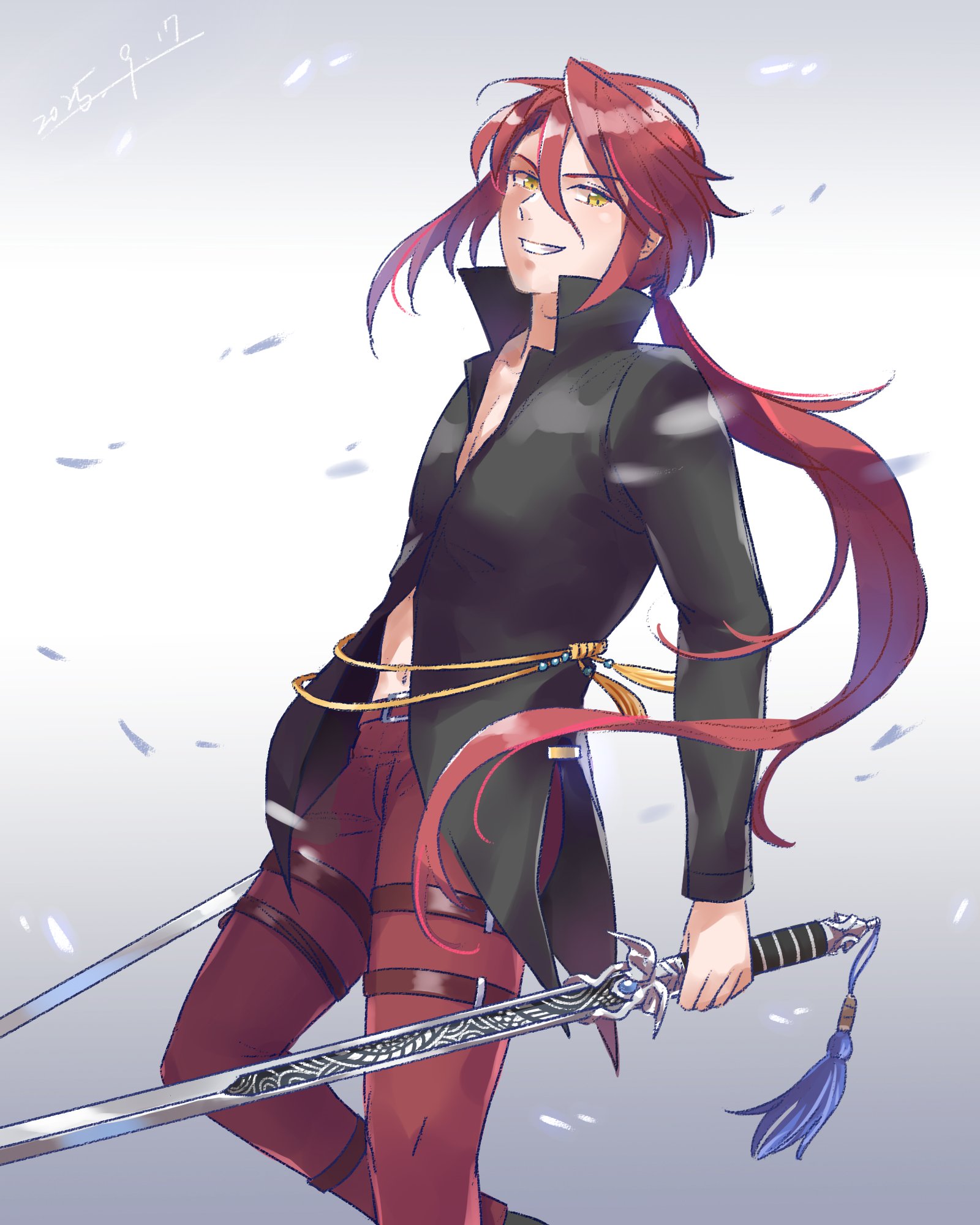 aaron wei, eiyuu densetsu, kuro no kiseki (series), highres, 1boy, aradonkey, black shirt, dated, double-parted bangs, dual wielding, gradient background, grey background, grin, hair between eyes, high collar, holding, holding sword, holding weapon, jian (weapon), long hair, looking at viewer, male focus, navel, pants, partially unbuttoned, pommel tassel, ponytail, red hair, red pants, shirt, simple background, smile, solo, sword, tassel, thigh strap, very long hair, weapon, yellow eyes